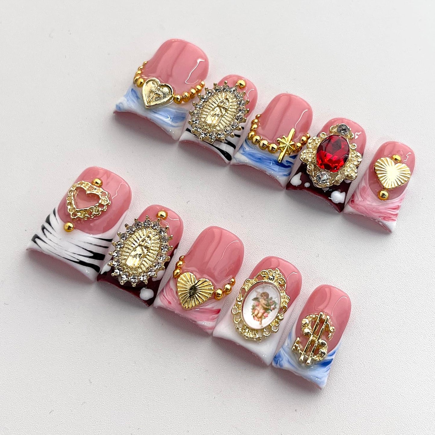 Handmade French Tip Press on Nails Short Duck 3D Thick Acrylic Nails Baroque False Nails with Rhinestones Oil Painting Designs Luxury Royal Fake Nail Sturdy Art Press on Nail 10Pcs(M)