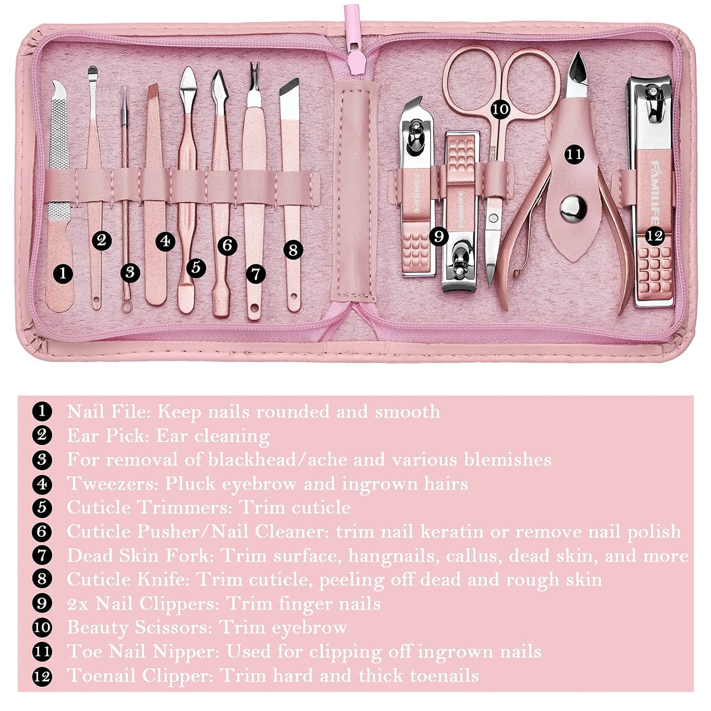 FAMILIFE Manicure Set Professional Manicure Kit 11 in 1 Gift Set for Women and Men Nail Kit 13pcs Pedicure Kit Nail Clipper Set Professional Manicure Kit Grooming Kit Stainless Steel Portabl