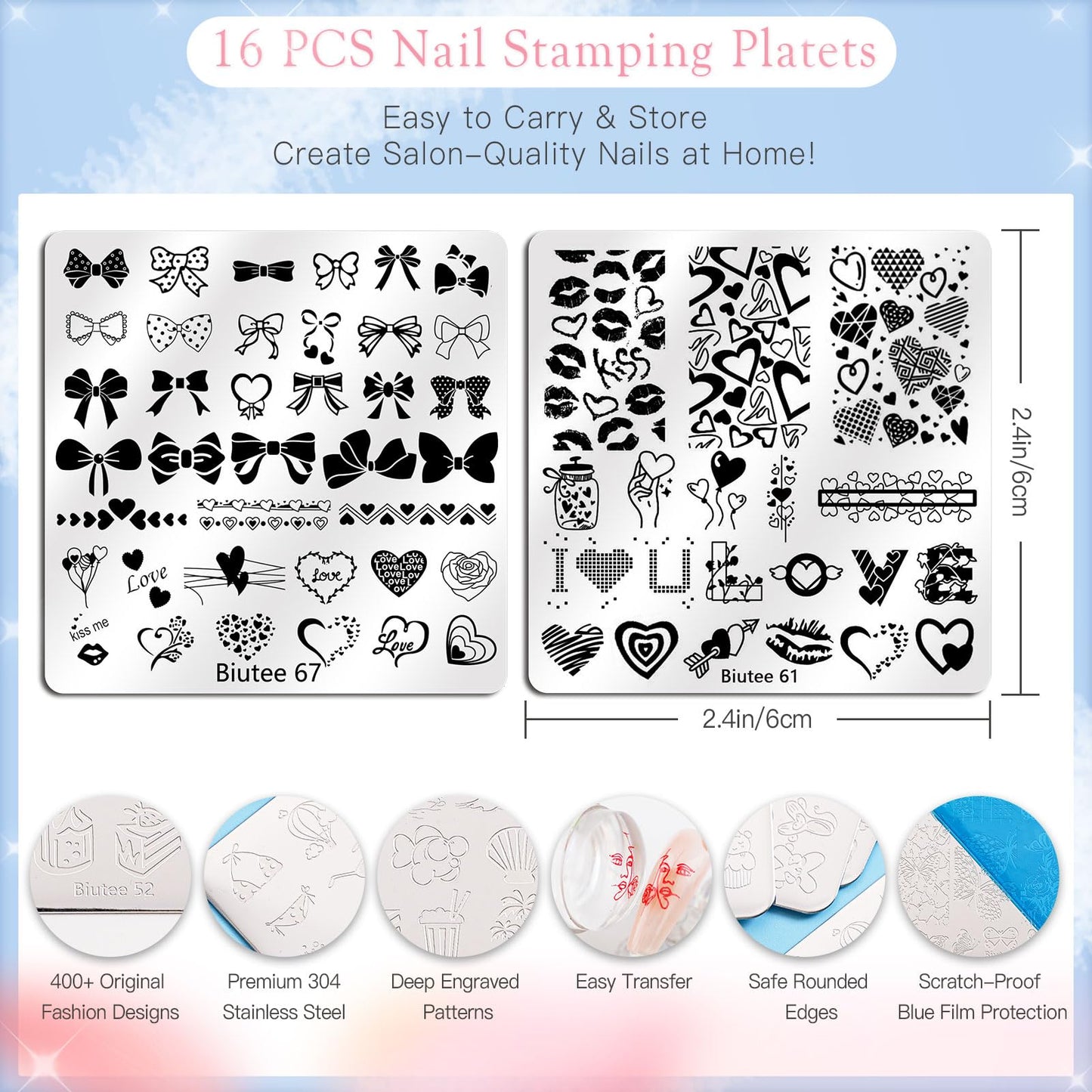 Biutee Nail Stamping Kit with 16 Nail Stamping Plates, Clear Jelly Nail Stamper, 2 Scrapers & Storage Bag, Nail Art Stamping Plate Set with Floral Geometric Beach Designs for DIY Manicure