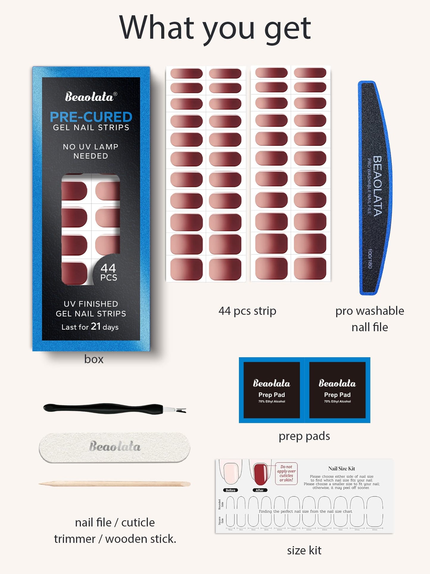 Beaolata Real Gel Nail Strips (No UV Light Needed) - 44Pcs Salon Quality Nail Stickers - Long Lasting Polish Wraps for Women, Easy Apply & Remove (Deep Red Ombre)