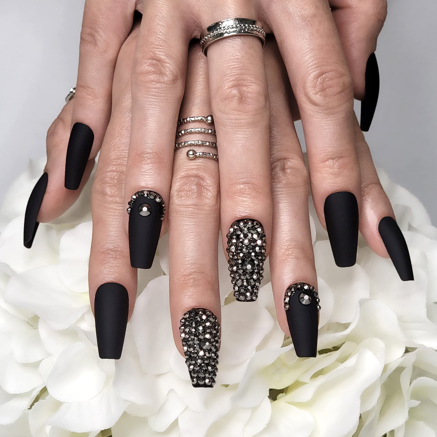 Hypnaughty 24 Pcs Rhinestone Noir Coffin Press On Nails with Gunmetal Color Luxury Rhinestones and Glue Medium Length Glue On False Nails (Rhinestone Noir)
