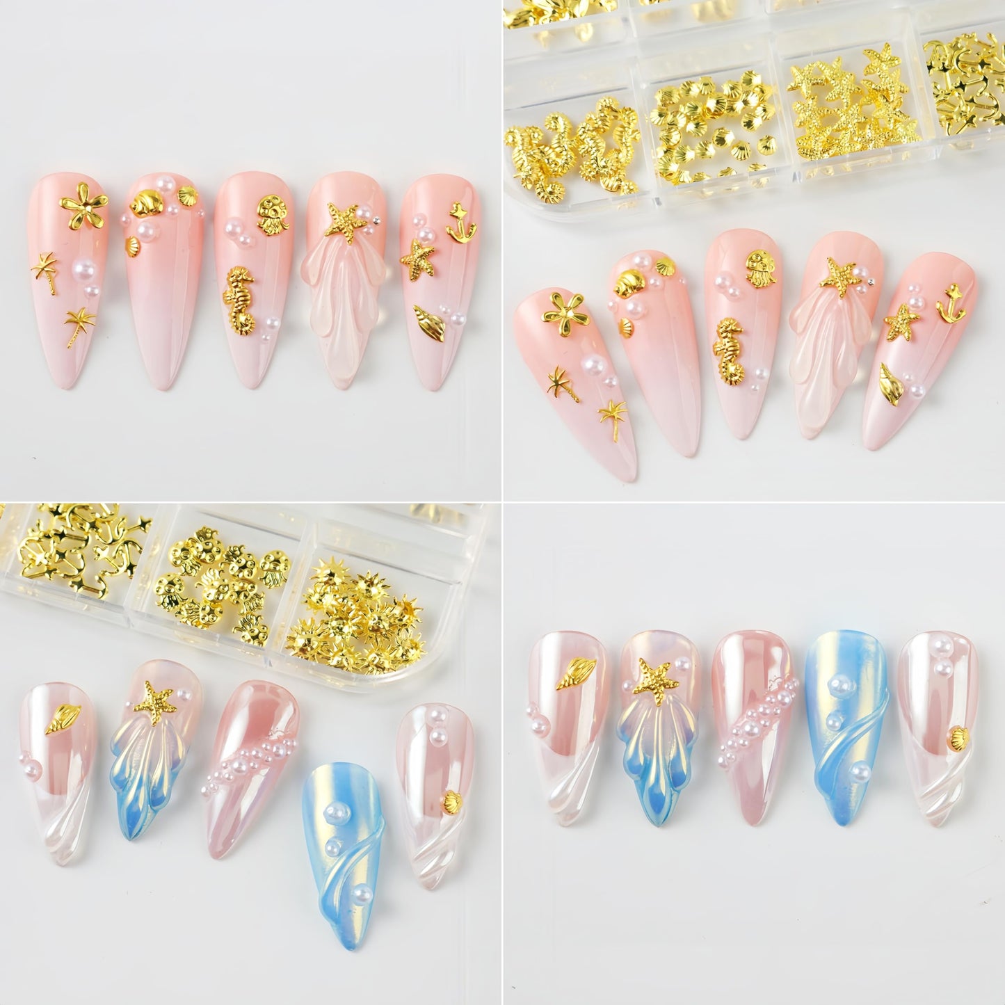 Gold Nail Charms Summer Ocean 3D Metallic Sun Flower Seahorse Jellyfish Starfish Nail Rhinestones Alloy Shell Coconut Tree Nail Jewelry Mixed Style Metallic Nail Rivets Nails Supplies for Women