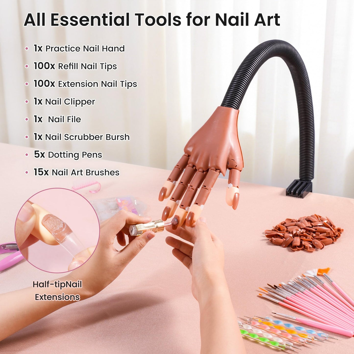 Rolybag Practice Hand for Acrylic Nails, Magnetic Nail Practice Hands, Mannequin Hand for Nails Kit for Beginners, Movable Flexible Fake Hand with 200PCS Nail Tips, Brush, File and Clipper