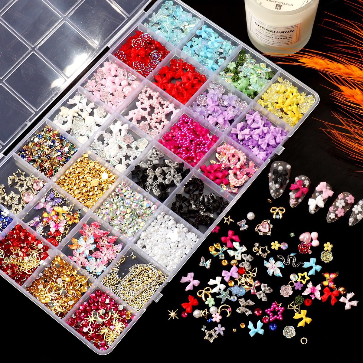 28 Grids Nail Art Decorations Set - 3D Flower Butterfly Bow Star Heart Charms, Rhinestones Gems Pearls, Mixed Metal Nail Jewelry for Acrylic Nails, DIY Manicure Accessories Kit for Women & Girls