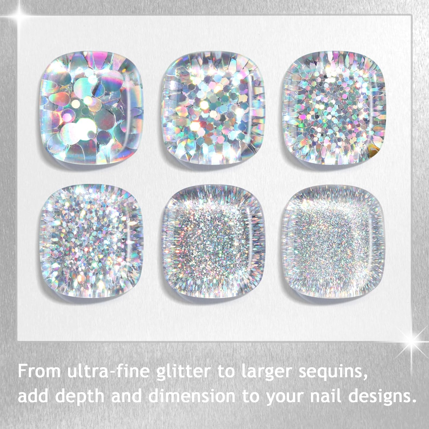 Furtherpretty Laser Silver Nail Glitter Powder Set, Mixed-Size Holographic Nail Glitter Dust, Sparkling Sequins & Flakes for Nail Art Decoration, Manicure Salon Supplies, Silver Glitter for Crafts