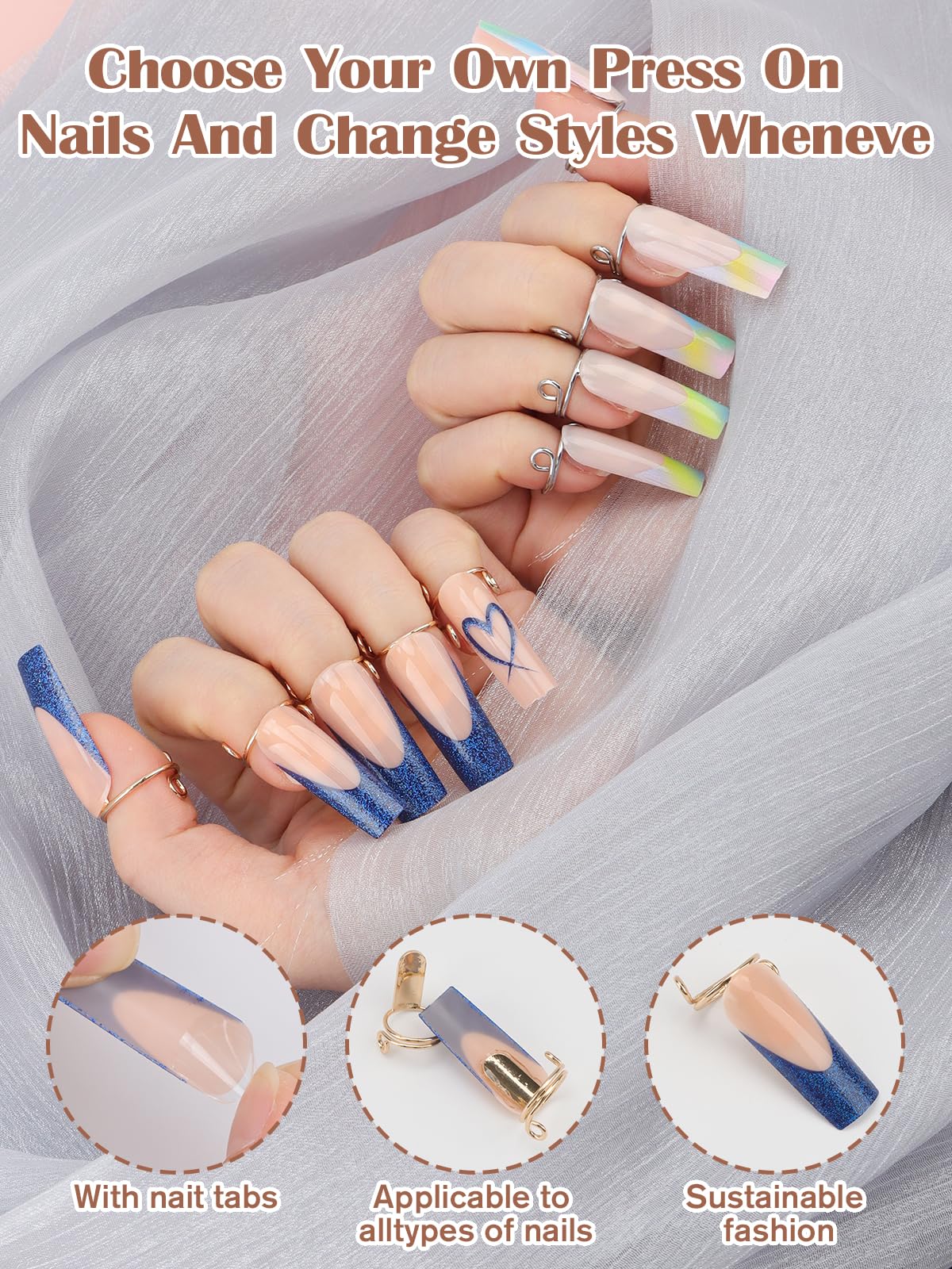 20PCS Nail Rings, EBANKU Updated Adjustable Nail Rings Detachable Reusable Women Gift Ring Set with 120PCS Adhesive Nail Tabs for Acrylic Nail Art Decoration Gold and Silver