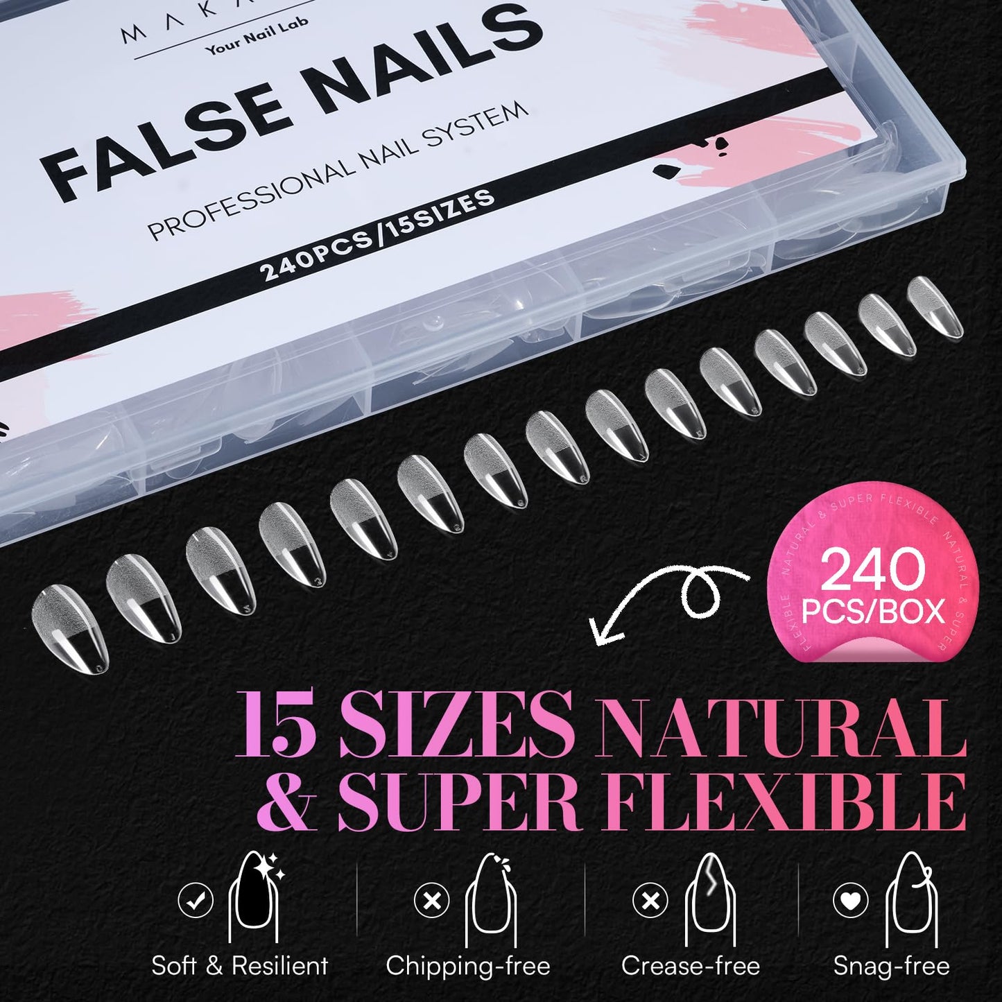 Makartt Medium Almond Nail Tips: 240PCS, 15 Sizes, Half Matte, Clear Fake Nails Stiletto Shapes - Full Cover Soft Acrylic Press On Nail Extensions for Flat Natural Nail Beds Salon and Home DIY