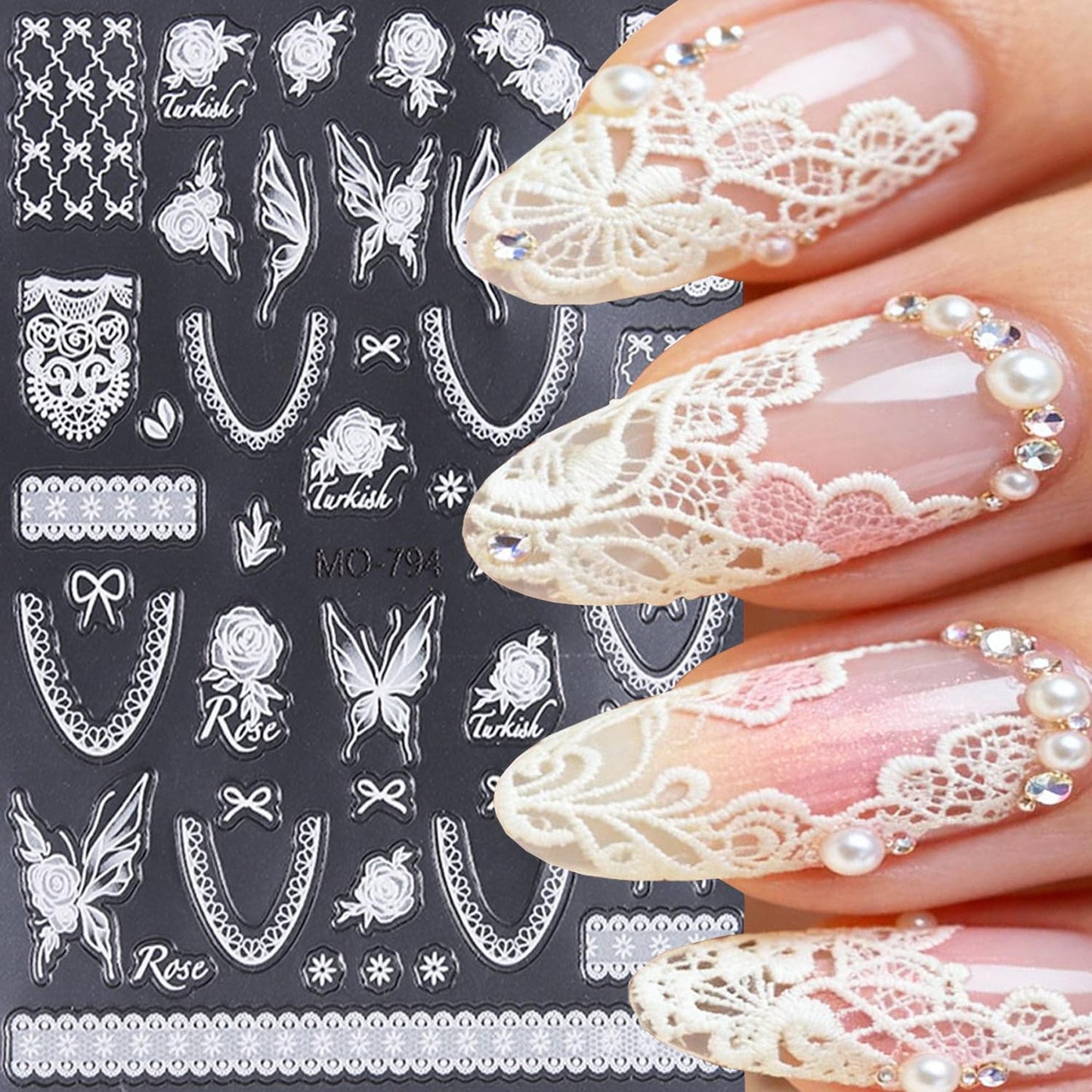 CJDLTS 3 Sheets White Lace Flower Nail Art Stickers 3D Self -Adhesive Lace Love Heart Bow Nail Decals Holographic Laces Rose Flower Nails Stickers for Women Acrylic Nails Decoration Supplies