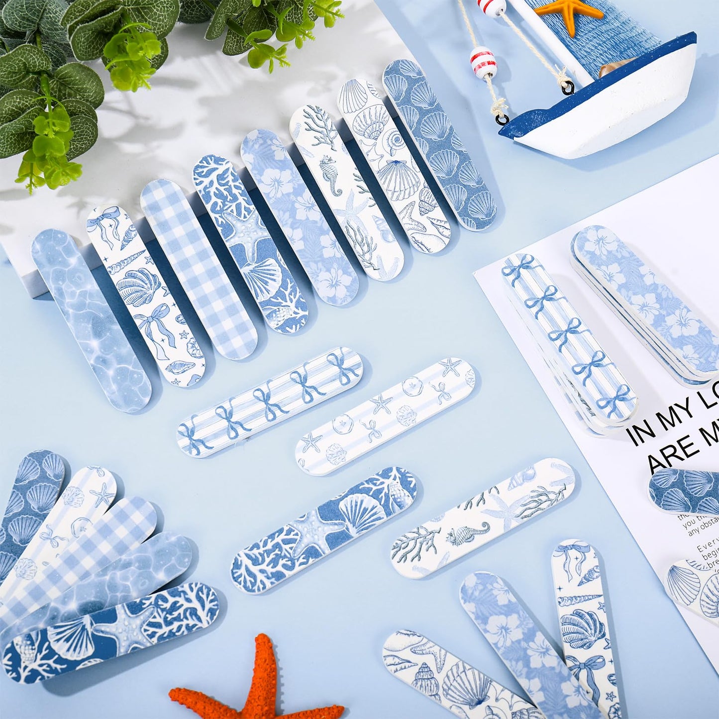AnyDesign 50 Pcs Summer Nail Files Sea Seashell Coral Seahorse Double-Sided Emery Board Manicure Tools Ocean Blue Fingernails Shaping Buffing Smoothing Filers for Girl Women Gift Supplies