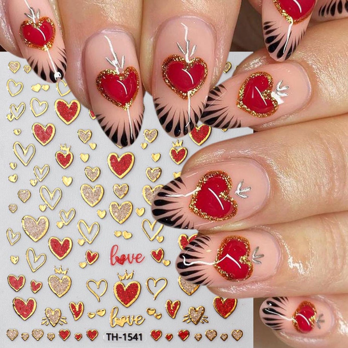 Gold Love Heart Nail Art Stickers Romantic Valentine's Day Red Heart Nail Supplies Love Bow Star Nail Stickers Stars Sun Moon Starlight DIY Transfer Decals Designs Nail Tip French Manicure Decor 3Pcs