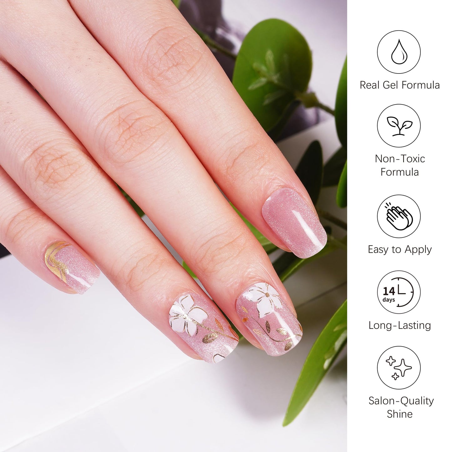 DANNI & TONI Semi Cured Gel Nail Strips Flower Nude Pink Cat Eye Gel Nail Stickers 28 Stickers Gift for Woman | Floral Grace
