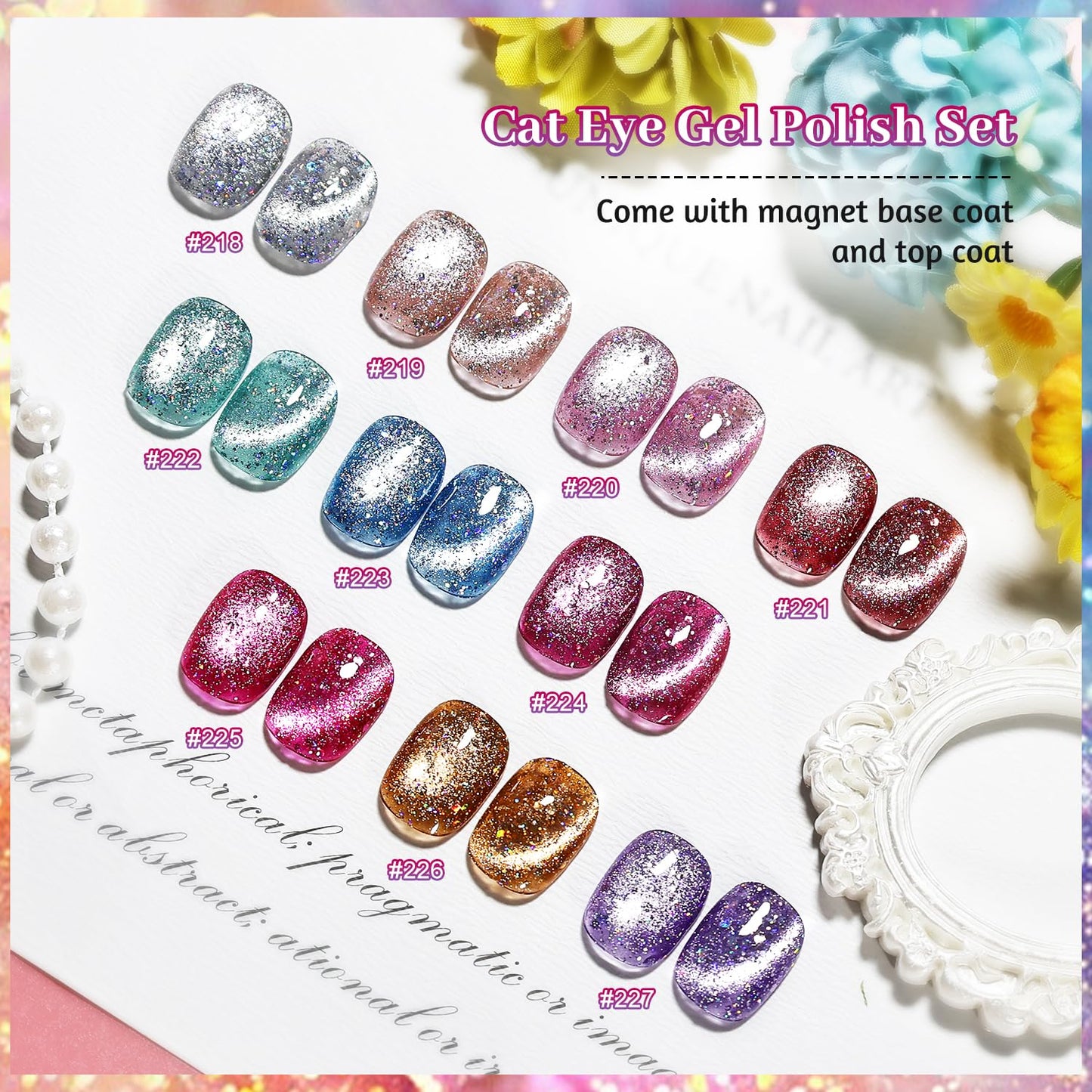JODSONE 10 Colors Holographic Glitter Cat Eye Gel Nail Polish Set Silver Blue Purple with Base Coat &Top Coat & Magnet Stick Sparkling Stunning Fashion Women Gifts