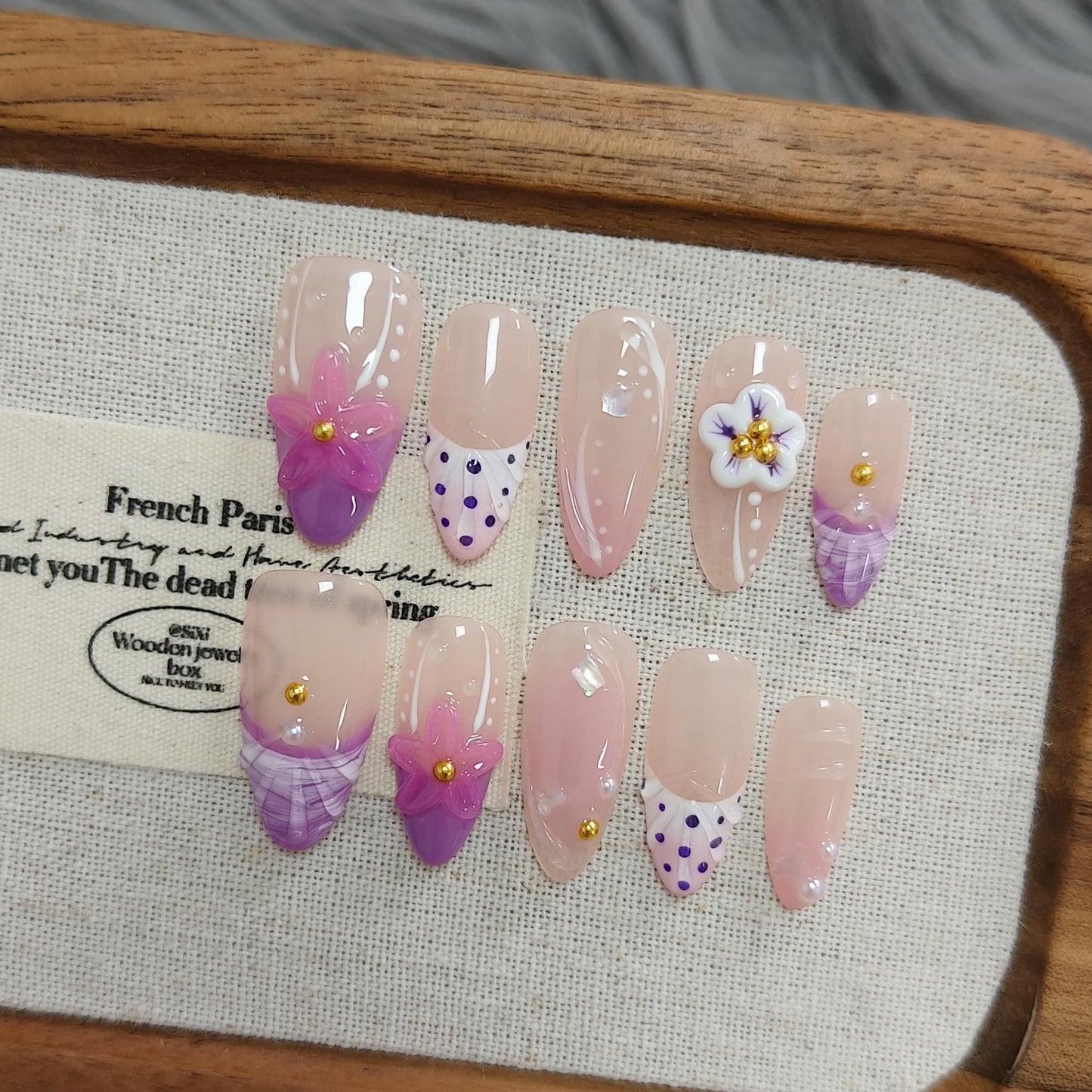 TENPAL Handmade Soft Lilac French Tips Press on Nails Medium Almond with 3D Glitter Floral & Pearl, Handmade & Reusable, Sheer Flattering False Nails for Everyday Summer Wear 10PCS(M)