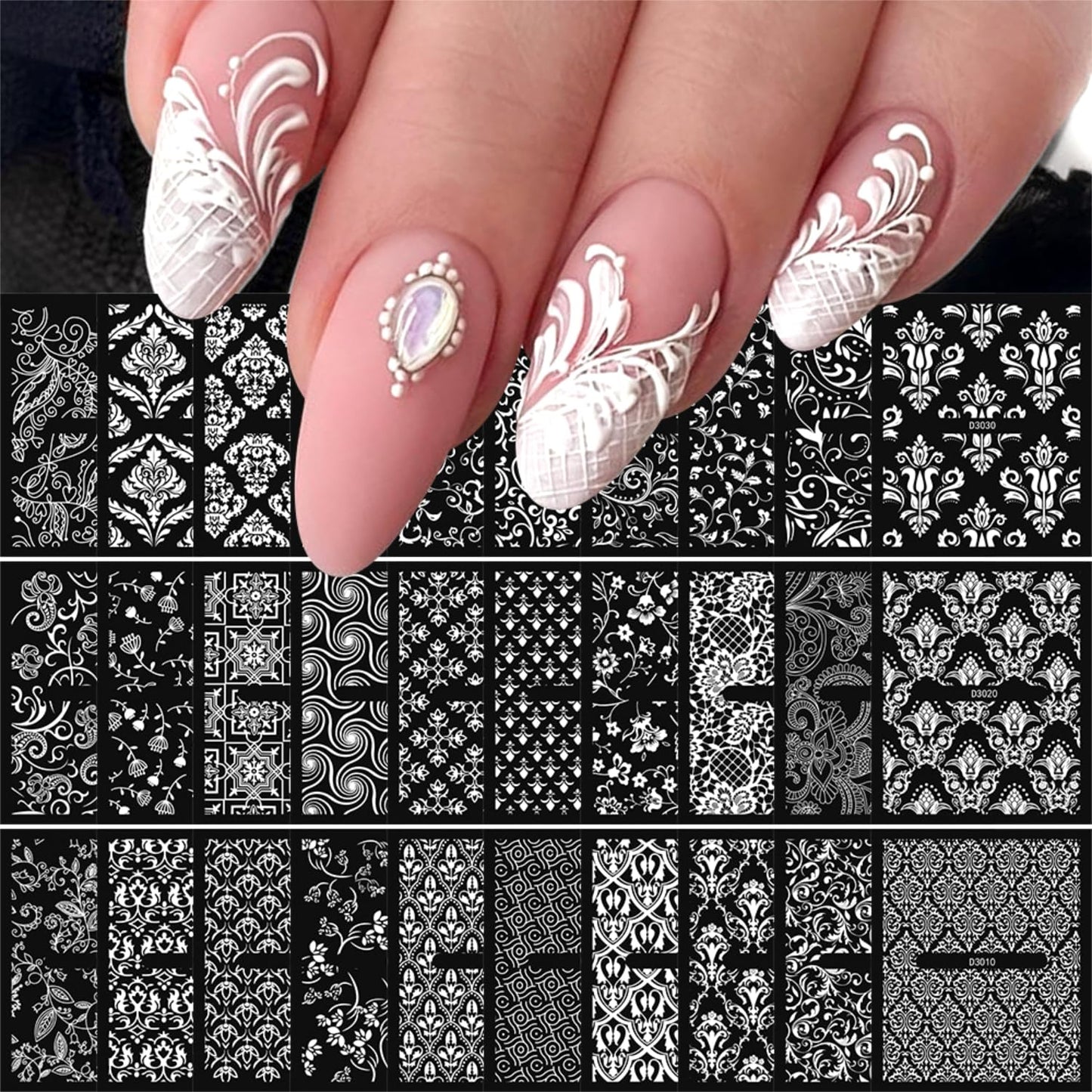 30 Sheet Nail Art Stickers White 3D Self-Adhesive Nail Decals Lace Flower Design Nail Stickers 3D Baroque Floral Spring Summer Nail Supplies for Women Nail Art Manicure Decorations