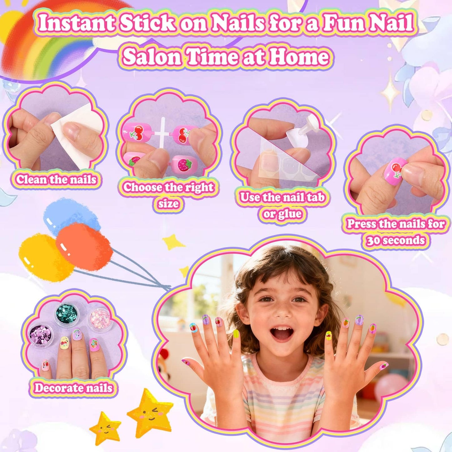 480 Pcs Kids Nails and Glue, Girls Press ons Nail Art Kit with Storage Case, Fake Nails Adhesive, Remover, Stickers, Glitter Cute Stuff Gift for Girls 8-12