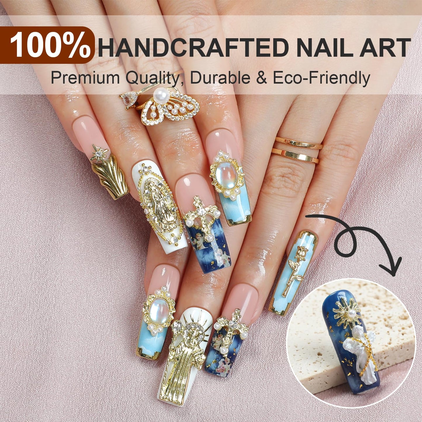 HOMSERA Handmade Press on Nails Long Square, XL Reusable Fake Nails Blue Nude Style with Sun Goddess & Gold 3D Flower Art XXL Luxury Acrylic French Tips With Cross Scepter & Aurora Design for Women