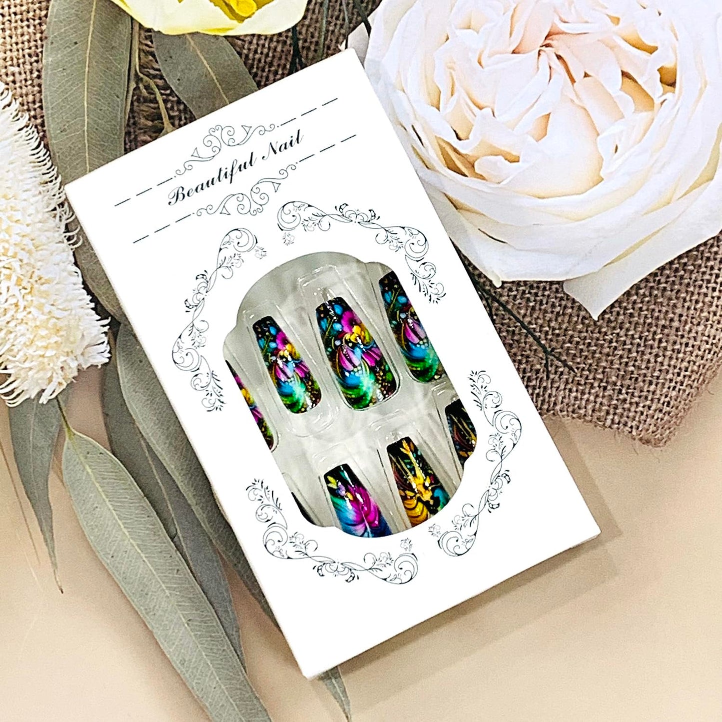 FIEONCIY Press on Nails Square Shaped Glossy Full Cover Acrylic Medium Length Square False Nails with Designs Artificial Short Coffin Fake Nails with Charms Glue ons Fingernails for Women Girls(Y443)