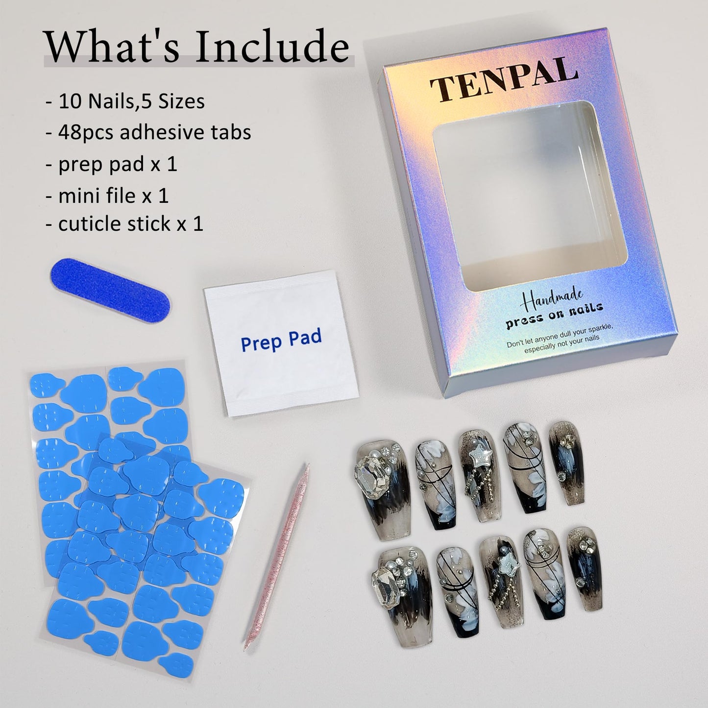 TENPAL 10PCS Gothic Black French Tips Press on Nails Coffin with Tools Kit - Oriental Chain & Crystal Dark Rebel Design- Icy Dark Elegant Chinese Style Fake Nails(M)