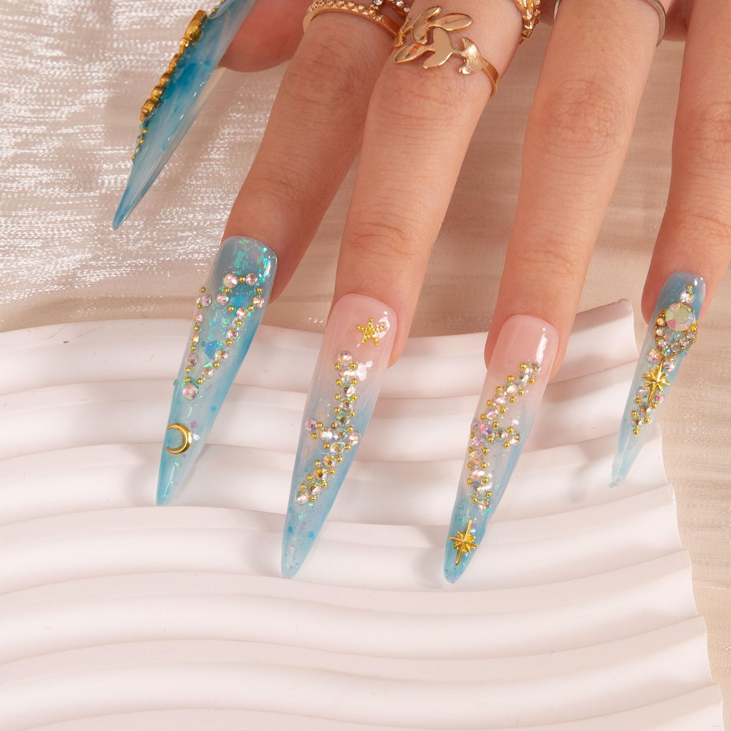 LOVFUL Press on Nails Pisces Blue French Tip | Handmade with Full Covered Crystals | Reusable Full Cover Nails | Stiletto Long 2.2 in | H157-S