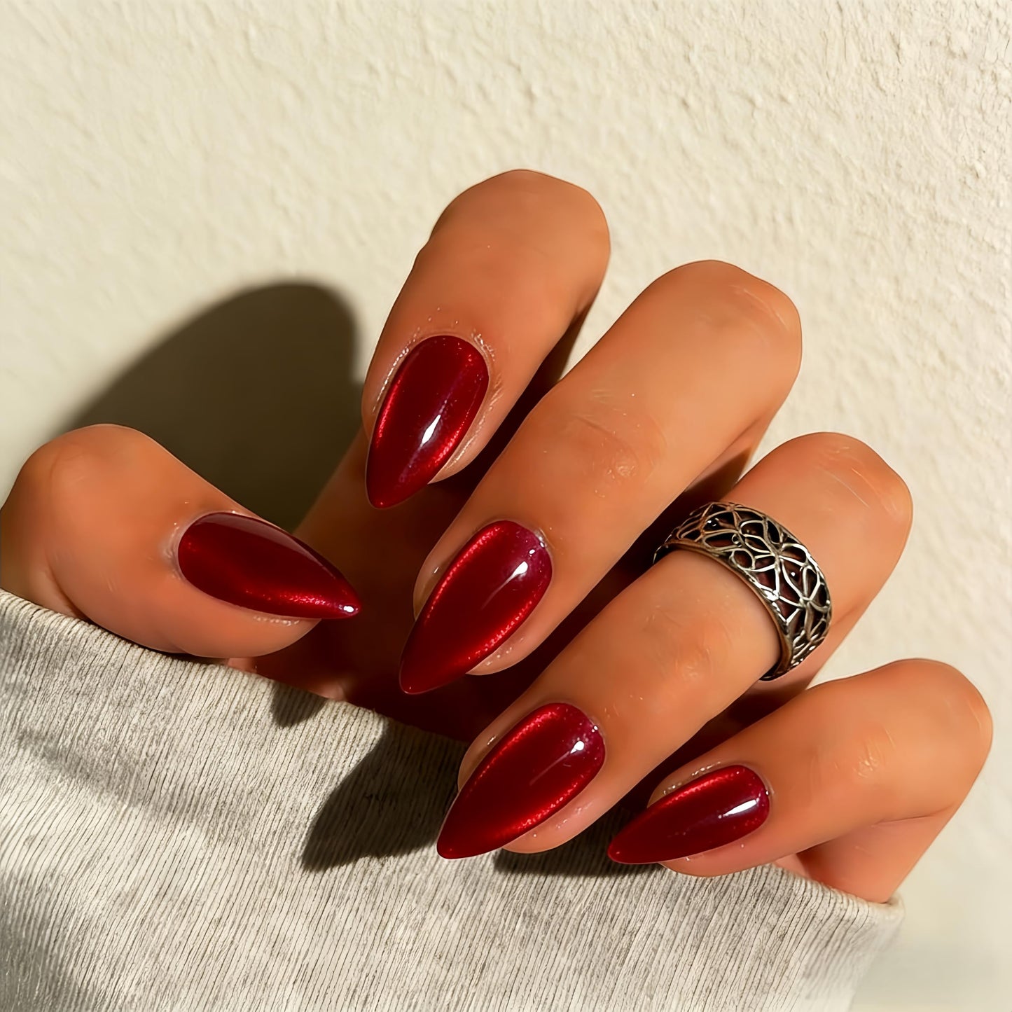 KQueenest Cat Eye Press On Nails Almond - Dark Red Press On Nails Medium Stiletto, 30 Pcs 15 Sizes Glitter Fake Nails Press ons, Upgrade Thick Quality, Reusable Glue on Nail for Women Goth Party