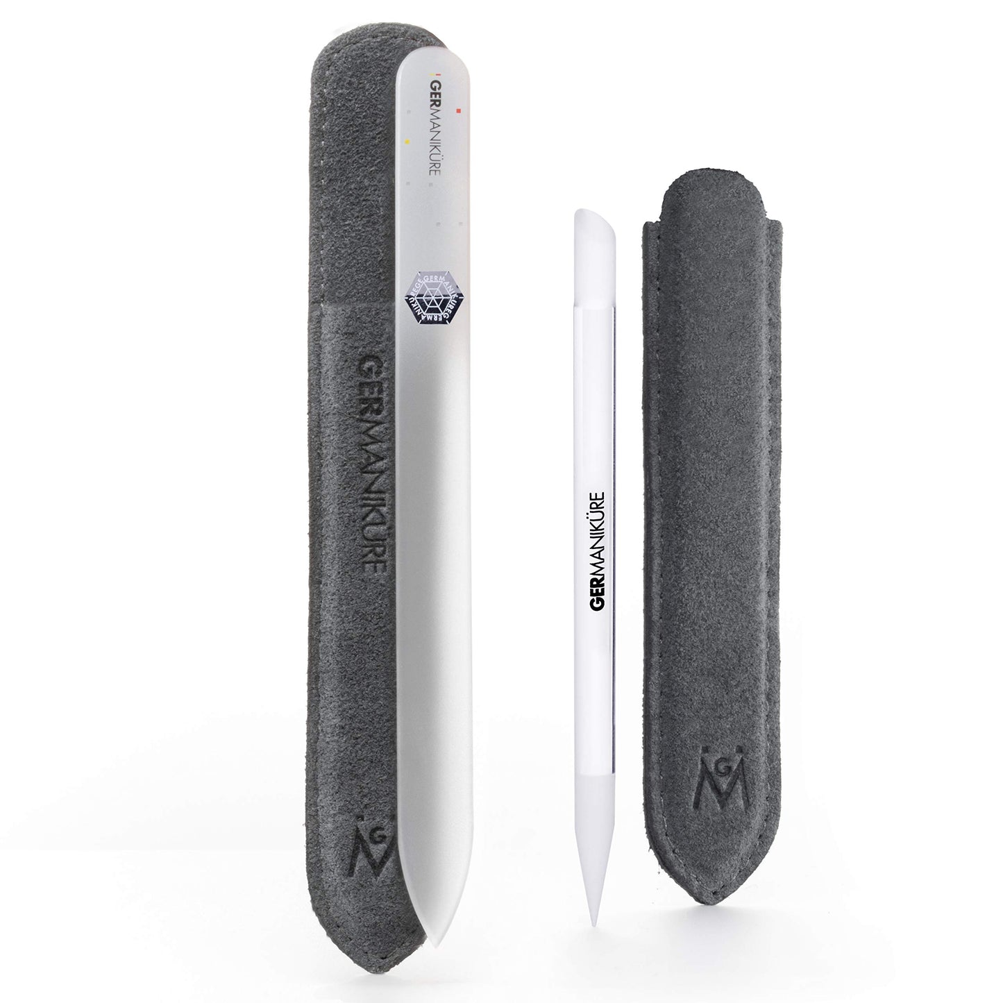 GERMANIKURE Crystal Glass Cuticle Stick & White Nail File Set in Suede Sleeves – Handmade in Czech Republic – Professional Manicure Supplies – Cuticle Pusher, Callus Remover - Ideal Nail Care Gift