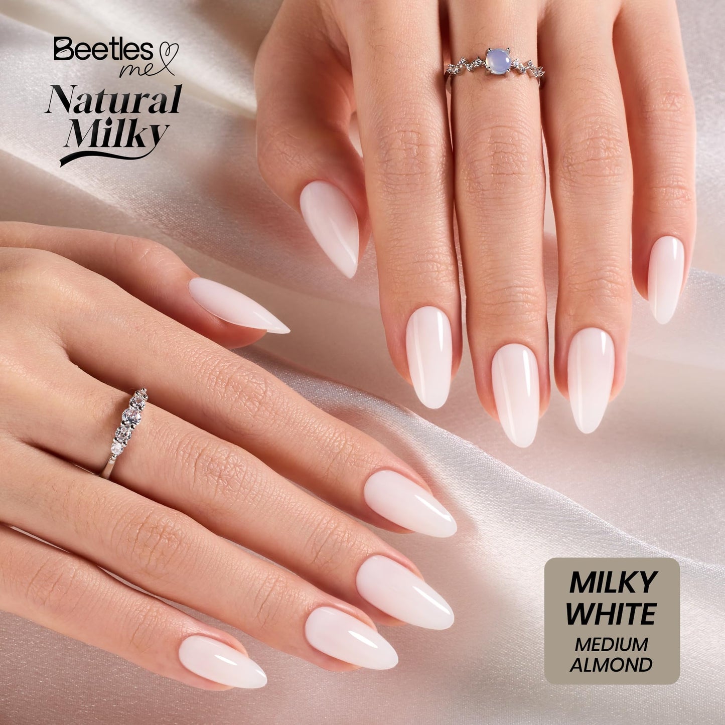 Beetles Natural Milky White Medium Almond Press On Nails - White Almond Press On Nails Soft Nail Gel with Nail Glue Adhesive Tabs Nail File Cleaning Wipe Cuticle Stick, 16 Sizes 32pcs