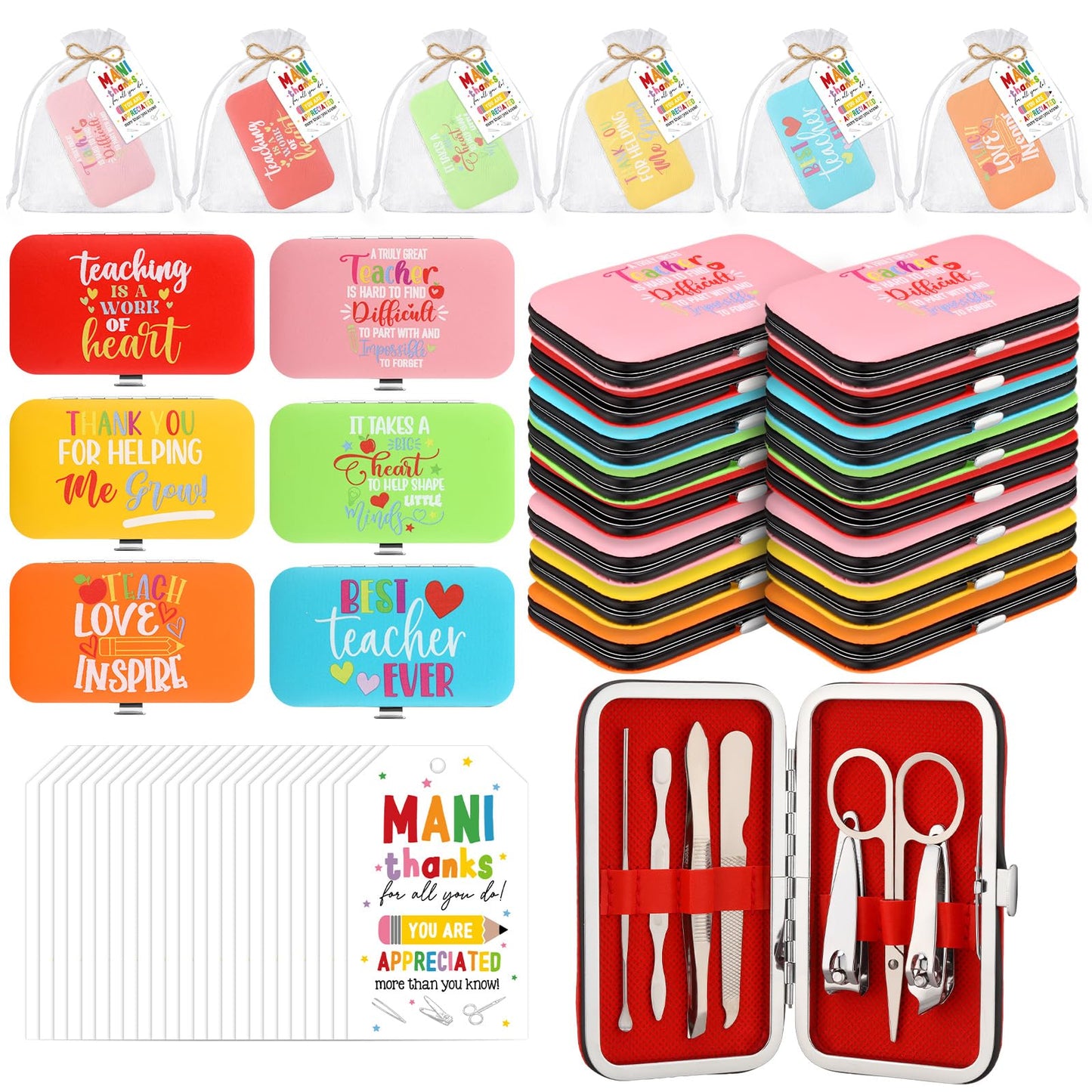 Lanties 24 Sets Teacher Appreciation Manicure Gifts for Women 24 Nail Clippers Pedicure Kit Stainless Steel Grooming Inspirational Kits 24 Bags 24 Cards Thank You Gifts for End of Year Teachers Gift