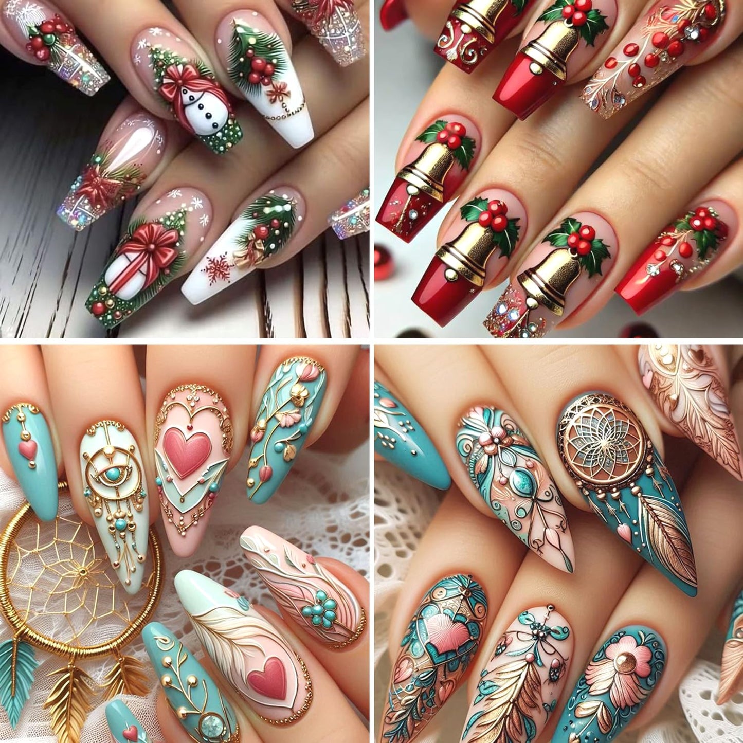 4Sheets Christmas Nail Art Stickers 3D Self-Adhesive Sock Bell Bow Nail Decals for Acrylic Nails Heart Dream Catcher Designs Nail Sticker Glitter Santa Claus Elk Nail Decal for Women DIY Nails Decor
