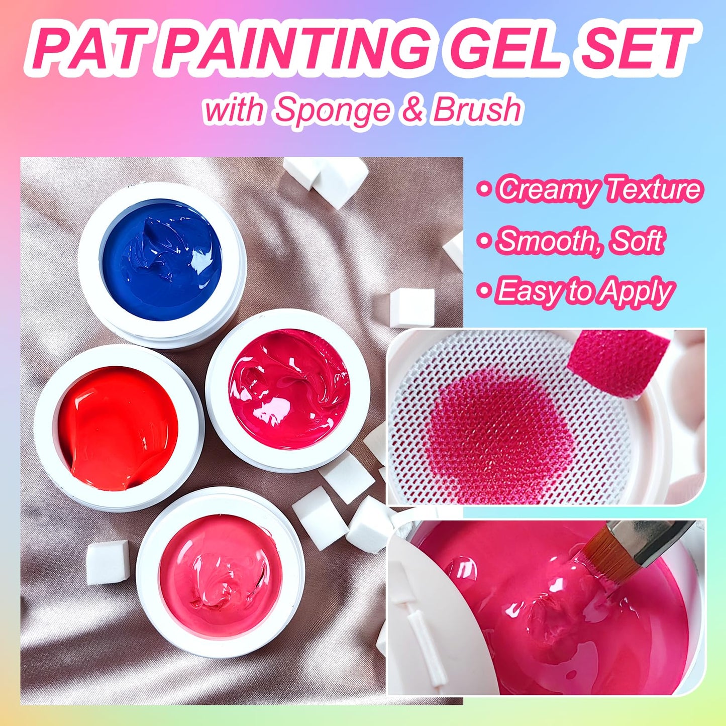 MKNZOME Neon Patting Gel Polish, 6 Color Bright Fluorescent Cushion Gradient Solid Aura Pat Painting Gel Set with Ombre Nail Sponge for DIY Beginner Design Salon Home Soak Off UV, D