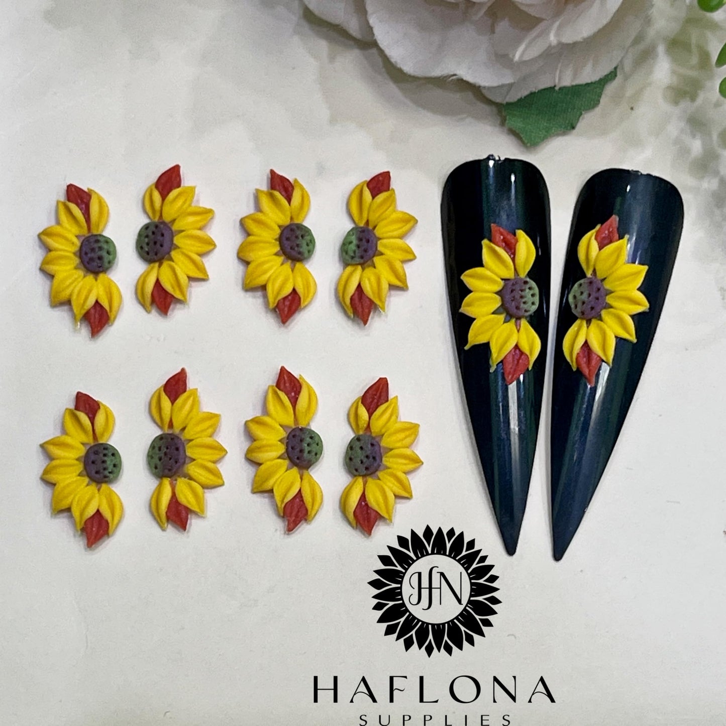 Set 10Pcs 3D Autum Sunflowers Flower -Nail Art Charms Handmade by Acrylic Powder Design Floral Salon Decor, 3D -Flowers -Nails -Charms -For Women Girls (Half Sunflower Autum -10Pcs)