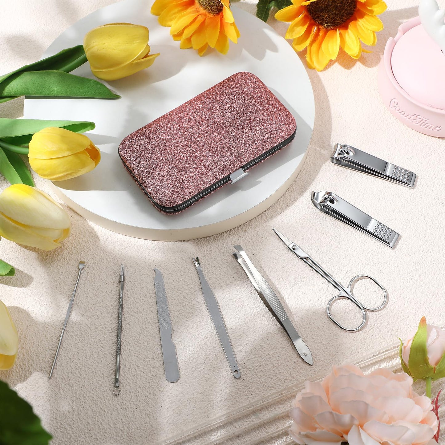 Geosar 12 Sets Manicure Set Nail Clippers Pedicure Kit 8 in 1 Grooming Stainless Steel Kits Nail Care Tools with Travel Case for Employee Coworker Teachers Nurse Gifts(Glitter Pink)