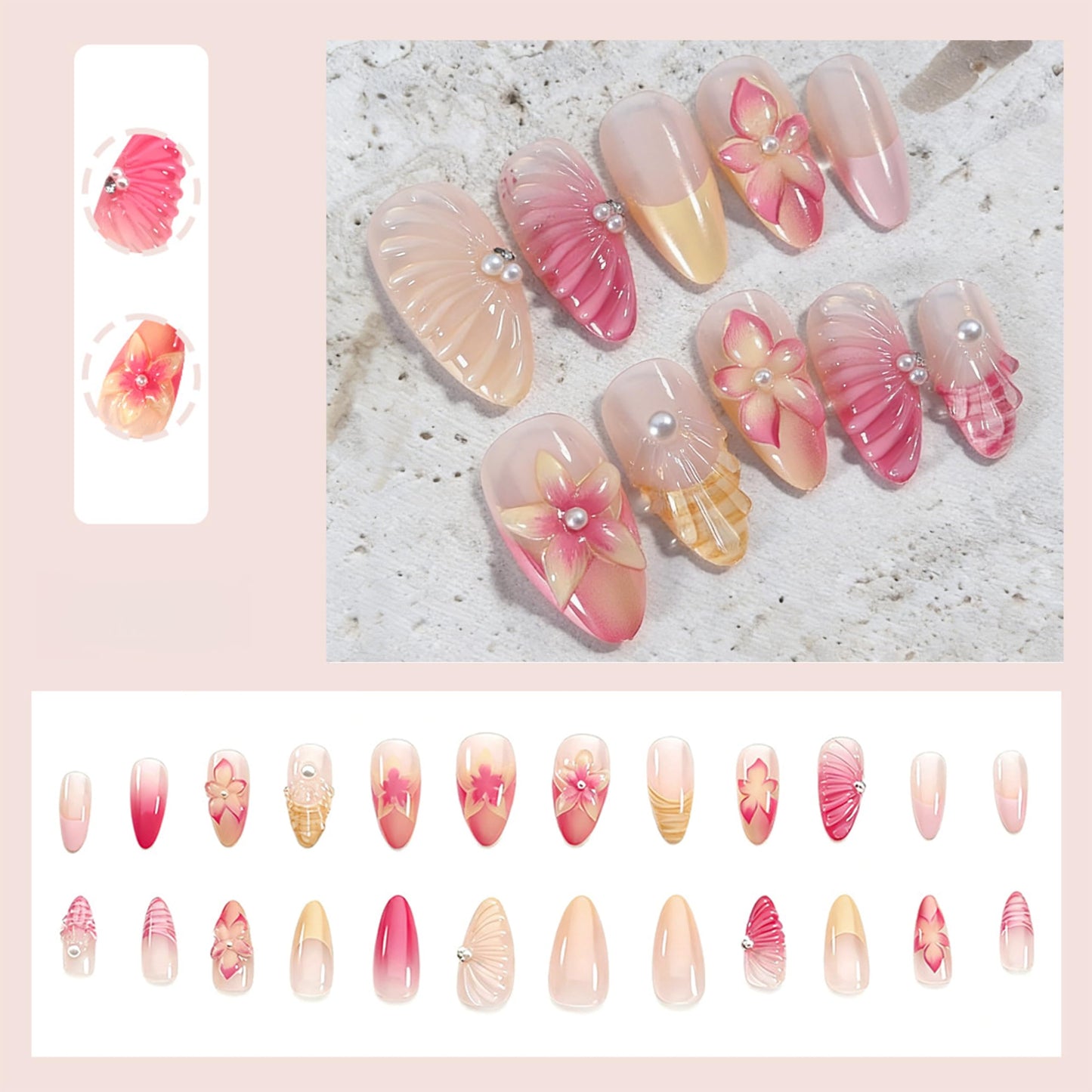 24pcs Pink Press on Nails Medium Almond Fake Nails with 3D Flower Pearl Designs Stick Nails Cute French Gradient Flowers False Nails Spring Summer Beach Floral Acrylic Nails for Women Nail Supplies