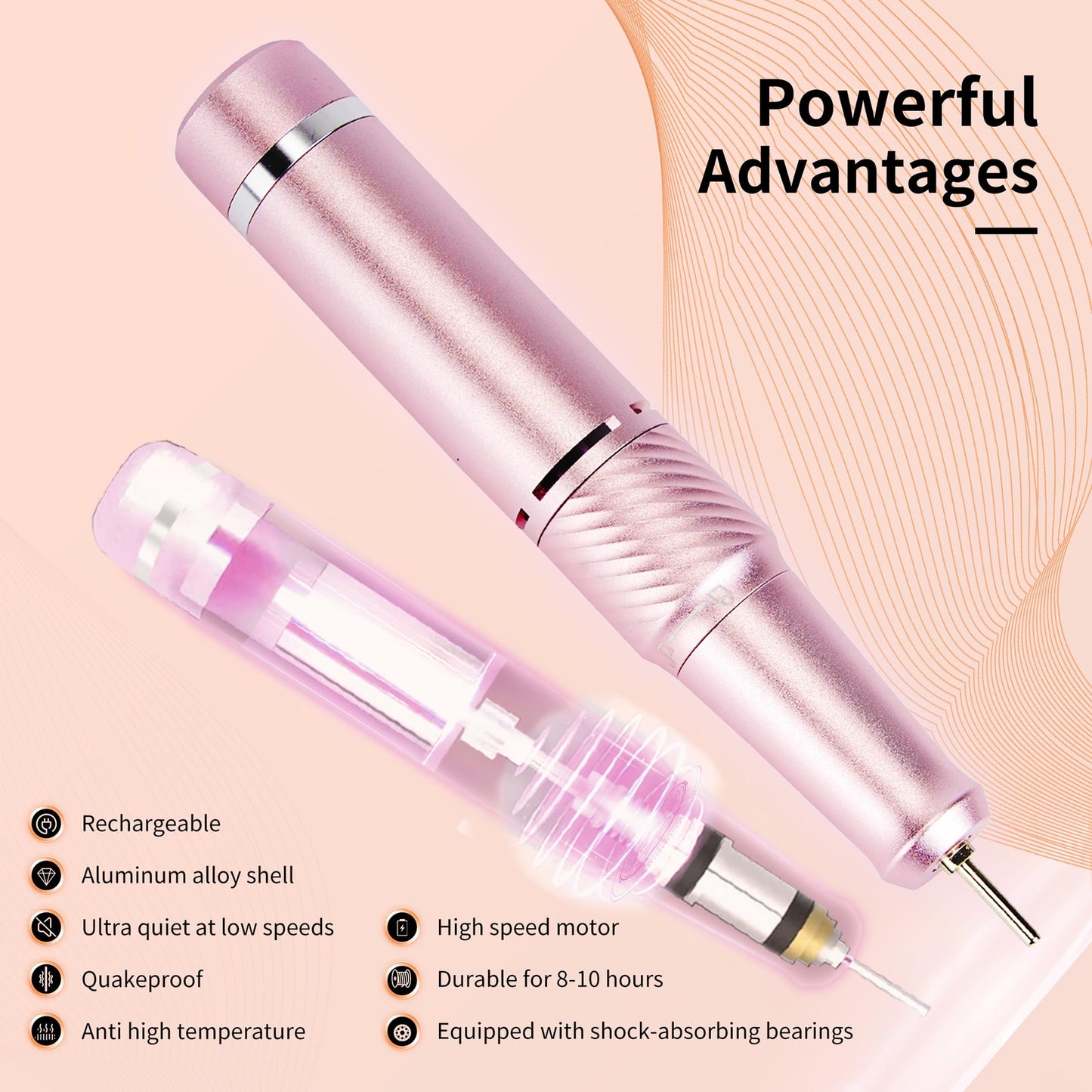 Cordless Electric Nail Drill Professional, Rechargeable Nail File Machine for Acrylic Nails & Gel Polish, Portable Manicure & Salon Nail Kit for Home Use (Pink)