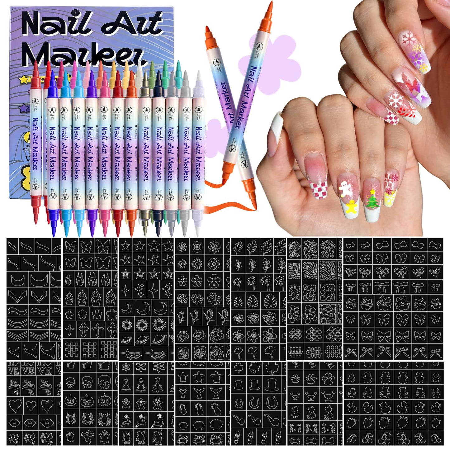 Nail Art Pen Stencil Sets, 24 Colors Double-Ended Nail Art Makers+ 14 Sheets Nail Stencils, Quick-drying Nail Art Tool for Women & Girl Brush Dotting Liner DIY Nails Art Design, Home & Salon Use