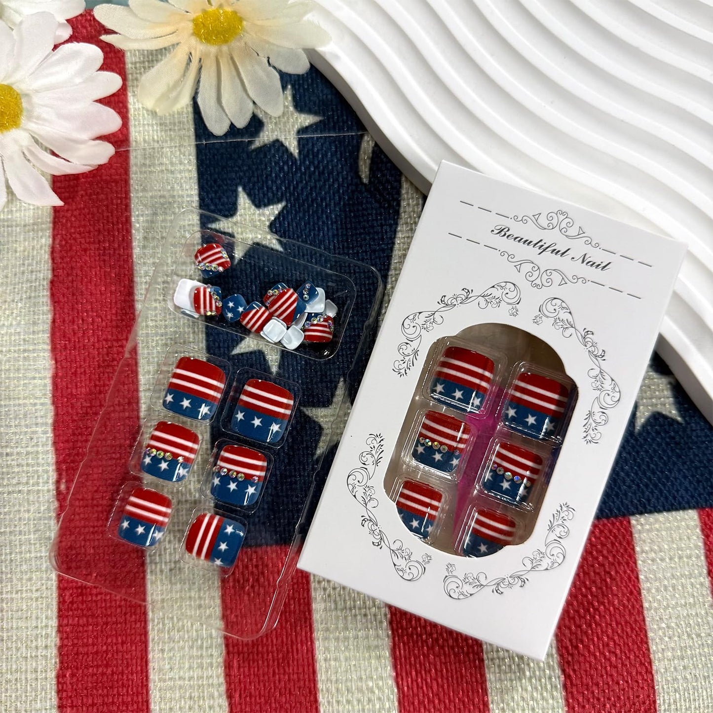4th of July Press on Toenails Red White Blue Fake Toe nails with Rhinestone Designs Glossy Short Square Acrylic Toe Nail Press ons Independence Day Stick on Toenails for Women 24Pcs