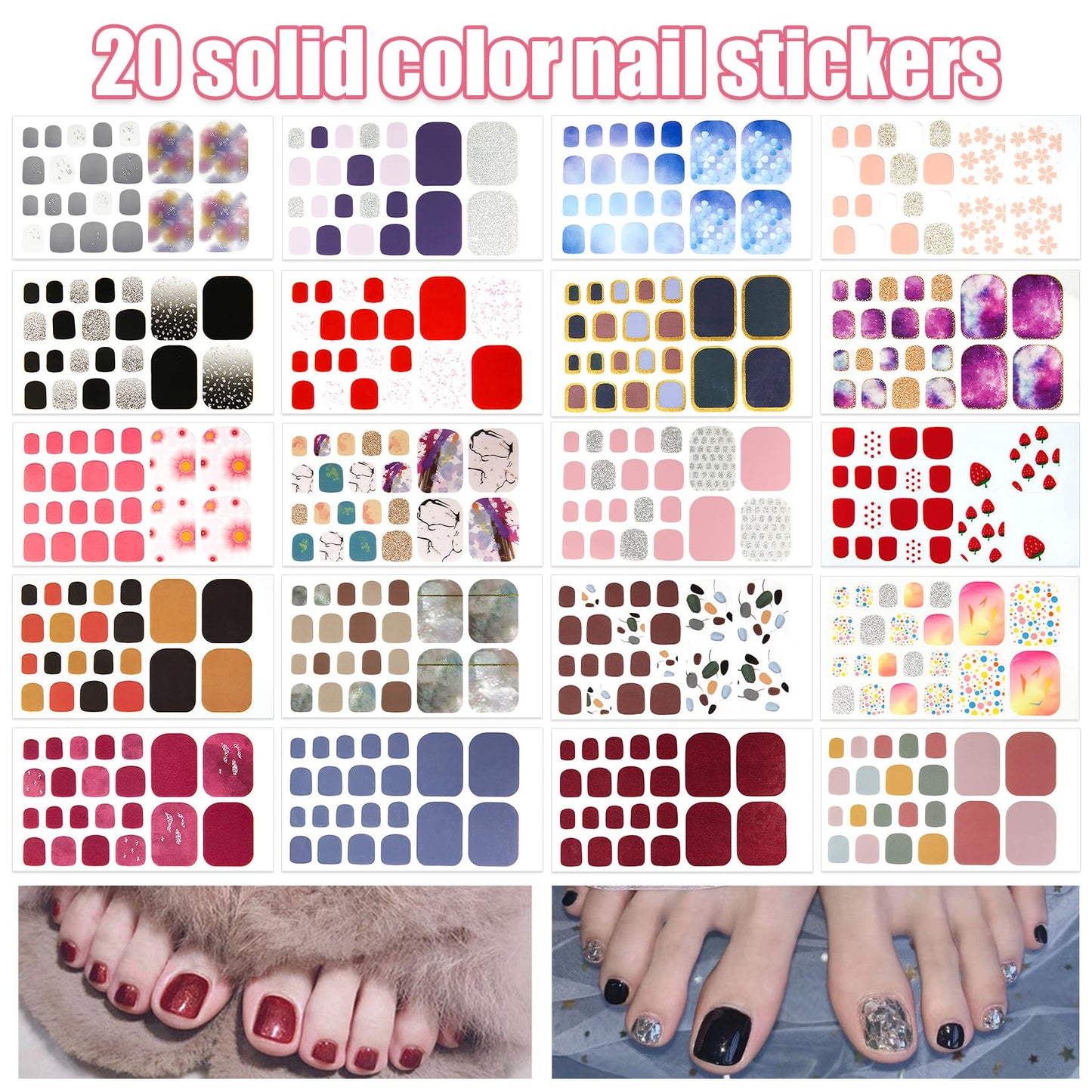 YECIRALA 20 Sheets 440 Pcs Minimal Designs Toe Nail Polish Stickers Full Nail Wraps for Women Girls Glitter Gradient Marble Gel Nail Strips for Toes Toenails Stickers Nail Polish Strips