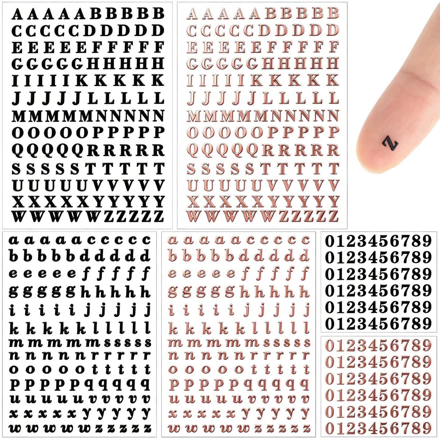 OIIKI 640pcs 6 Sheets Small Letter Number Stickers, 3D Self-Adhesive Mini Letter Stickers, Alphabet Number Decals Decoration Supplies for Scrapbook Nail Keyboard DIY Crafts- Rose Gold & Black