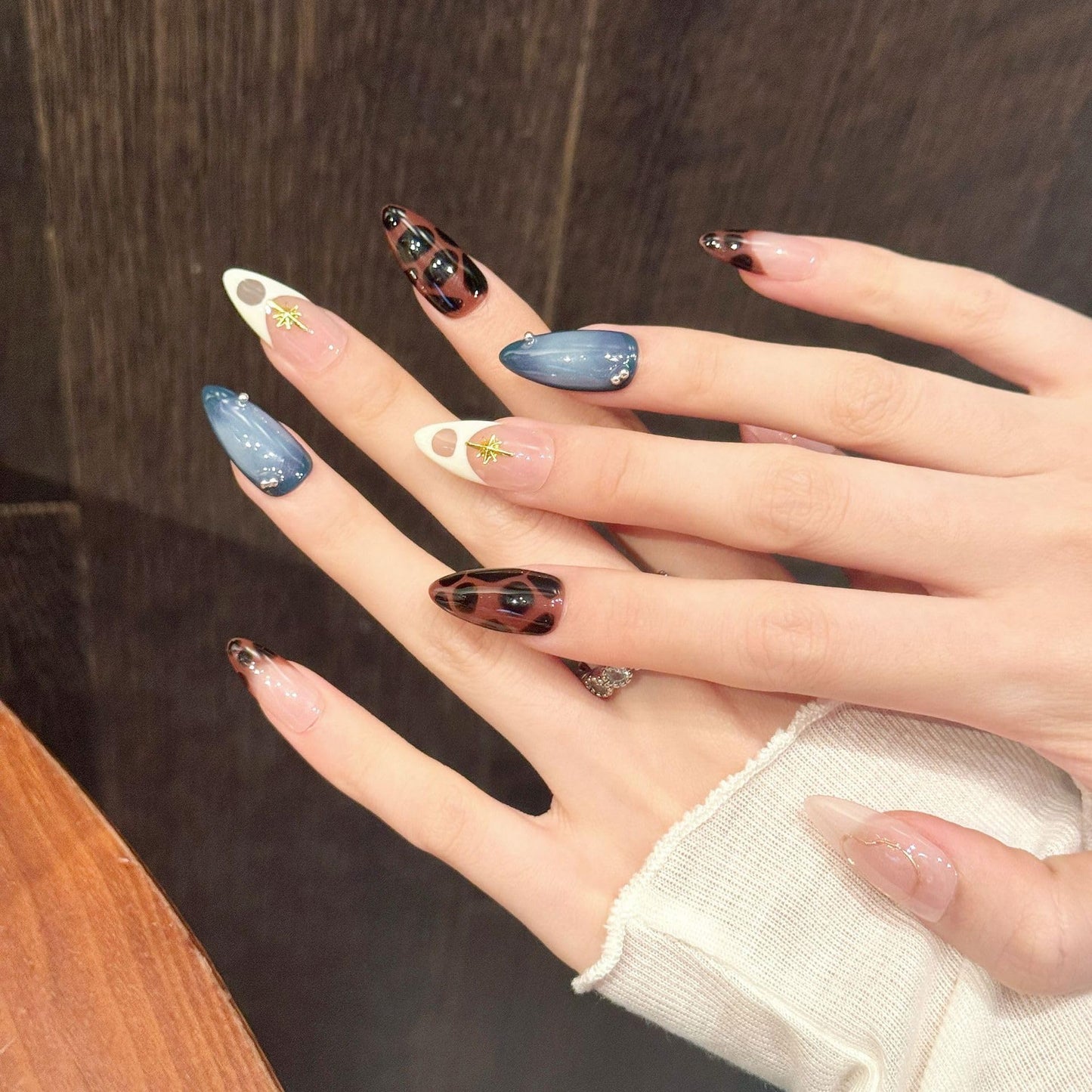 FANTACIEL Handmade Press On Nails Almond, 10PCS Ins Style Gold Foil Leopard French False Nails, Irregular 3D Fake Nails for Women Fashion Nail Art (Blue, S)
