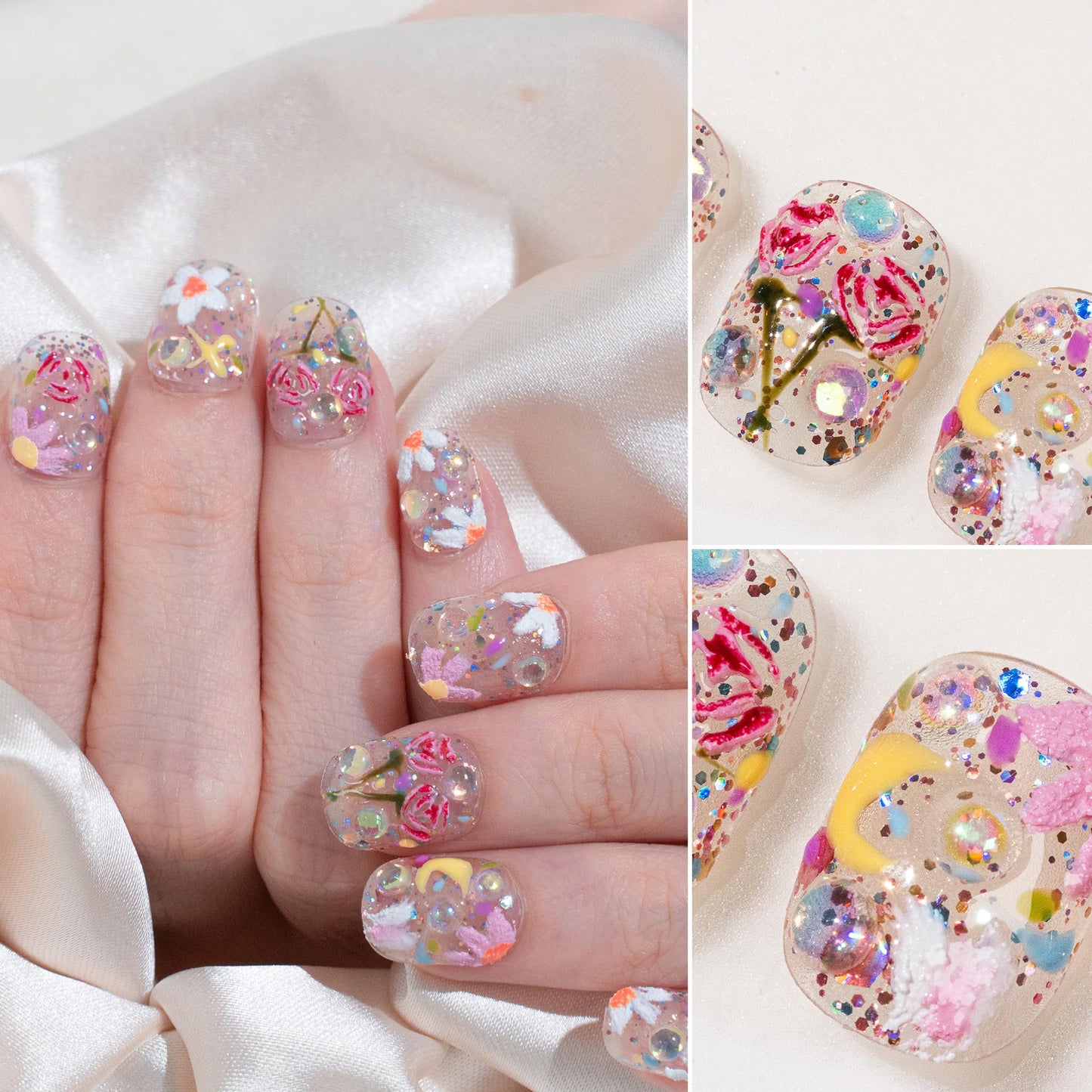 Sun&Beam Nails Handmade Press-on Short Squoval Round Pink White Flower Spring Hand-Painted Design Fashion False Nail Tips 10 Pcs Set (#273 S)