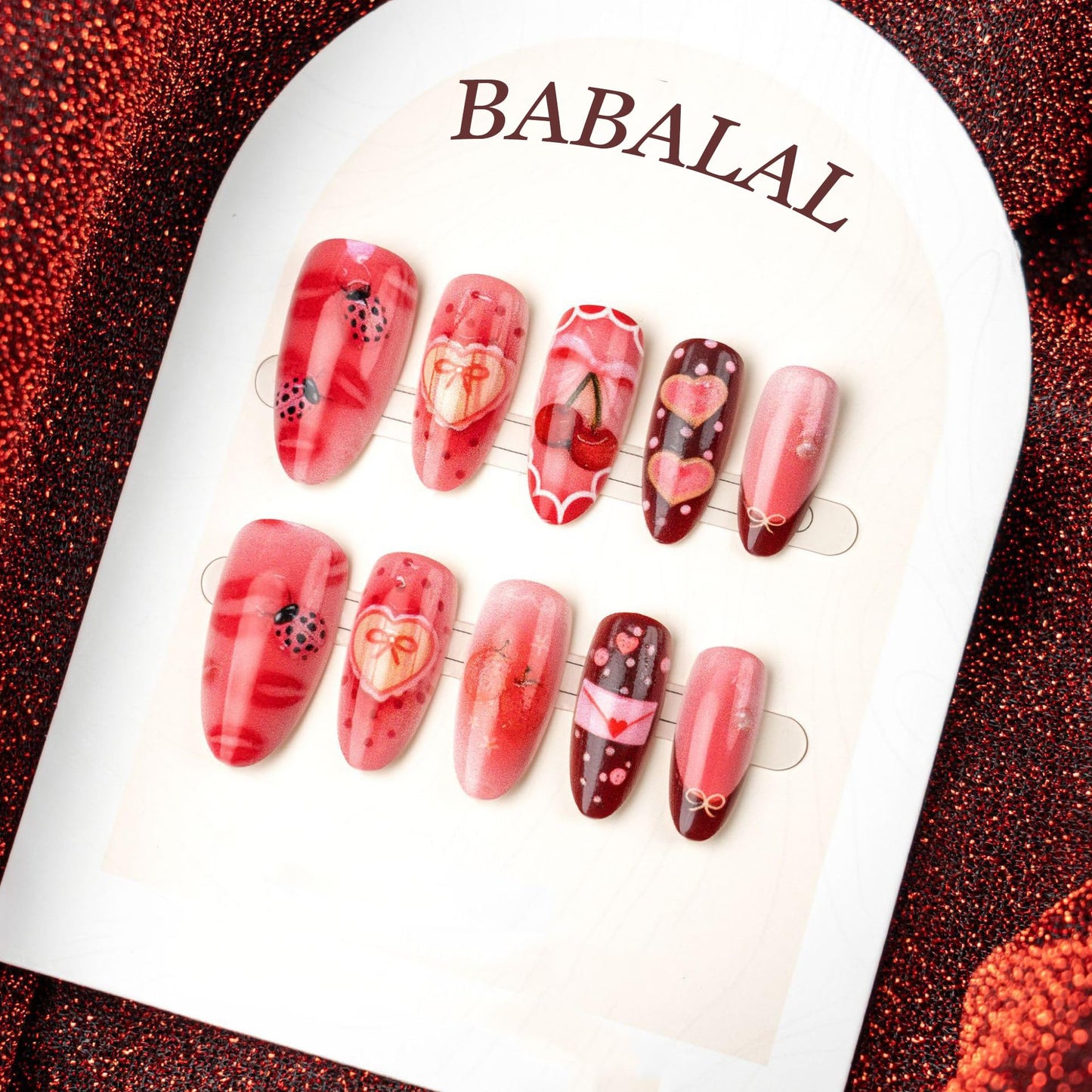 BABALAL Press on Nails Medium Almond Fake Nails Pink Strawberry Glue on Sweet Heart Bow Lips Art False Acrylic Nails Y2k 24Pcs Valentines Custom Stiletto Full Cover for Women Girls