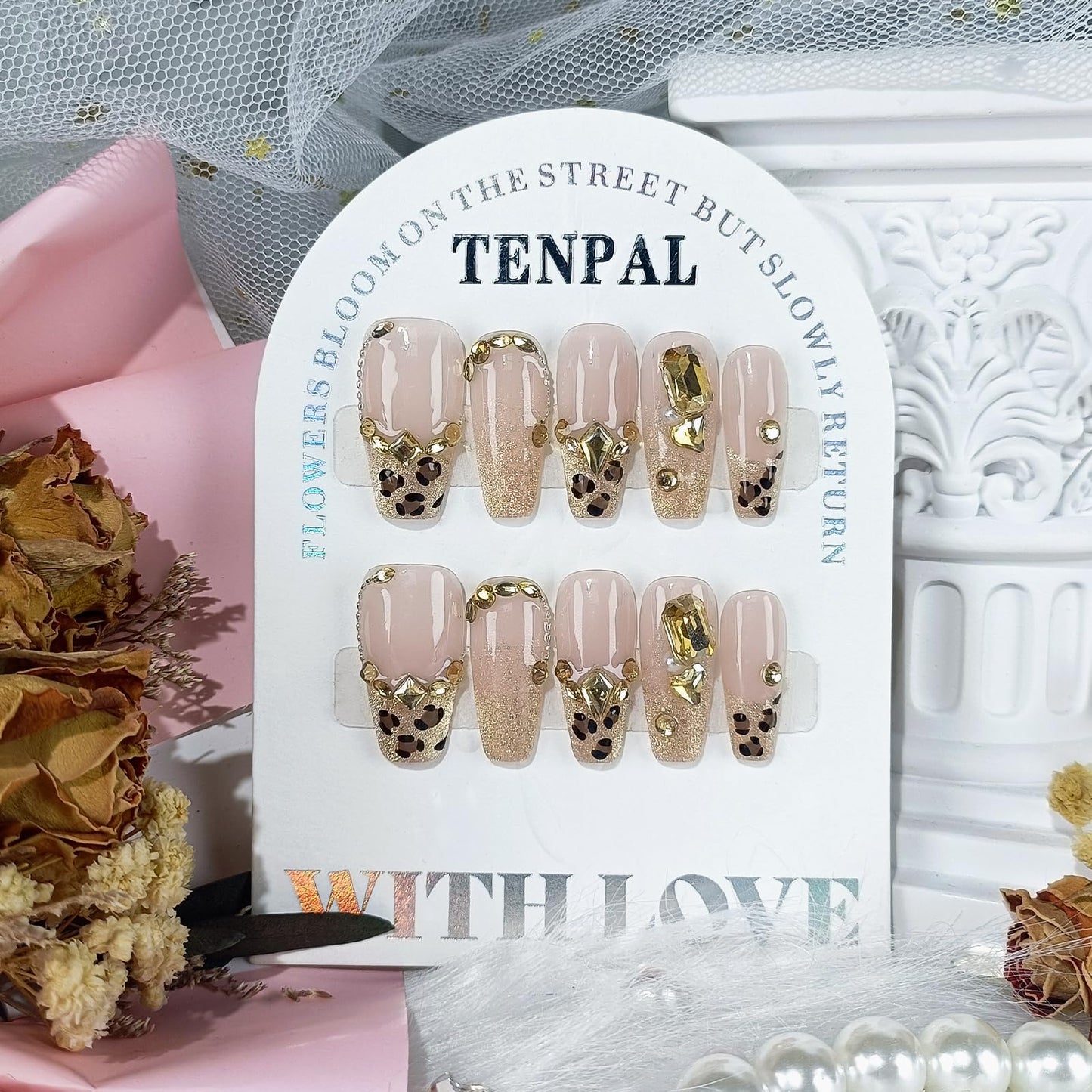TENPAL Handmade Leopard Cat Eye French Glitter Design Fake Nails,Resuable 10Pcs Press on Nails Medium Kit,Luxury Coffin Shaped Glam Glue on Nails for Women Daily Use, Bridal,Autumn Winter Parties(M)