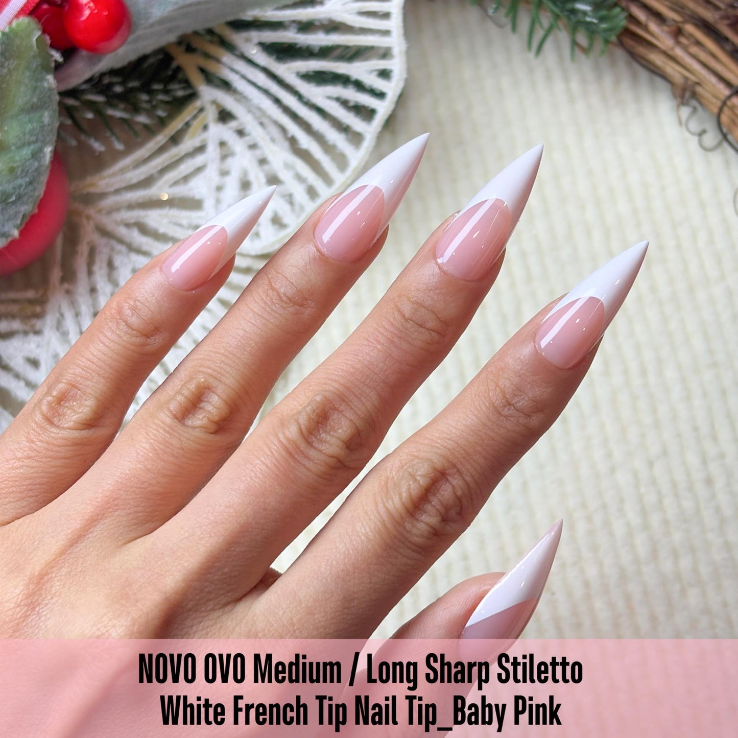 NOVO OVO White French Tip Sharp Stiletto Pointed Medium Long Nail Tips Press on Baby Pink, Soft Gel Fake Acrylic Extension, Full Cover False Nails for Salon DIY x 16 Sizes 160 pcs