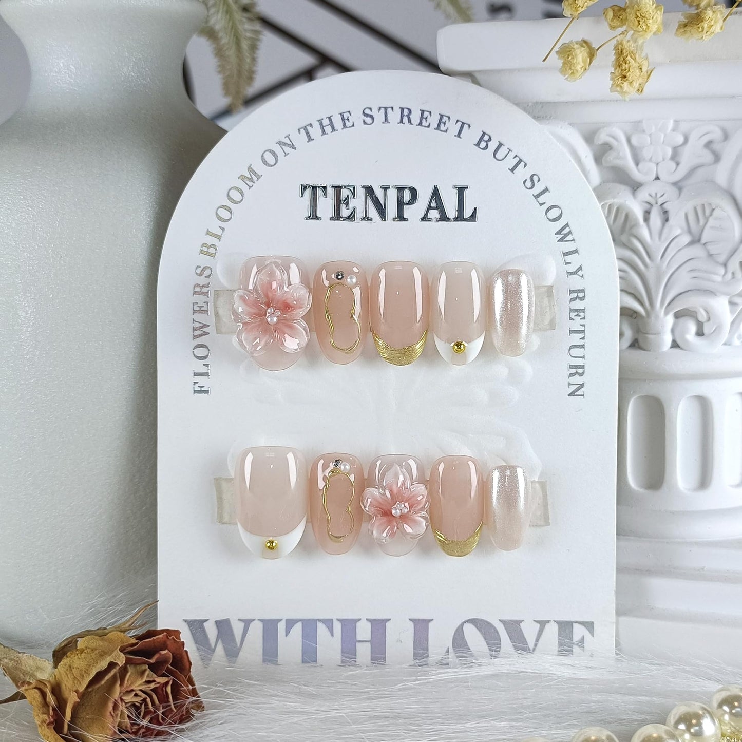 TENPAL Handmade Short Oval Fake Nails Kits,Glossy 3D Floral Iridescent White French Tips Press on Nails,Nude Pink Soft Gel Fake Nails 10pcs Kits,Full Cover Cute Nails with Designs for Daily(L Sizes)