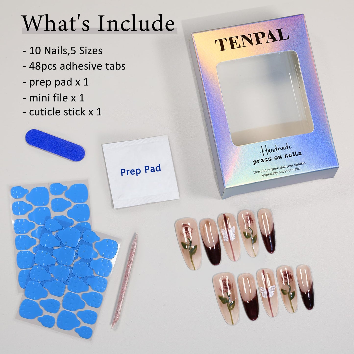 TENPAL French Tip Press on Nails Almond Black Nails Press ons Long Almond Fake Nails With Hand Painted Rose Butterfly Designs 10pcs/Box Sweet Cool Y2k Sexy French Handmade Nail Tips For Women Girls(S)