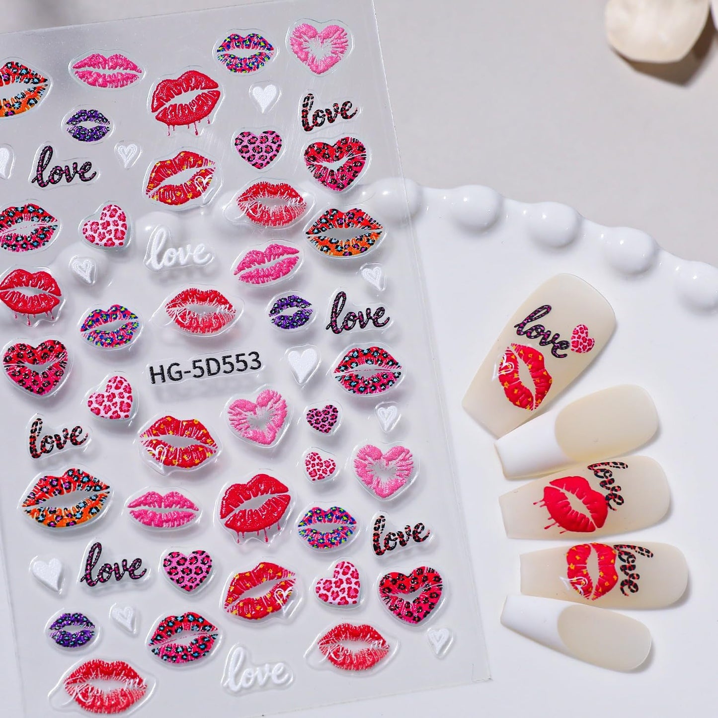 4Sheets 5D Valentine Nail Art Stickers Kit Romantic Valentines Style Red Lip Love Nail Design Decal with Adhesive Cute Hollow Heart Letter Bow Embossed Slider Decal for Wedding Perty Nail Charms Decor