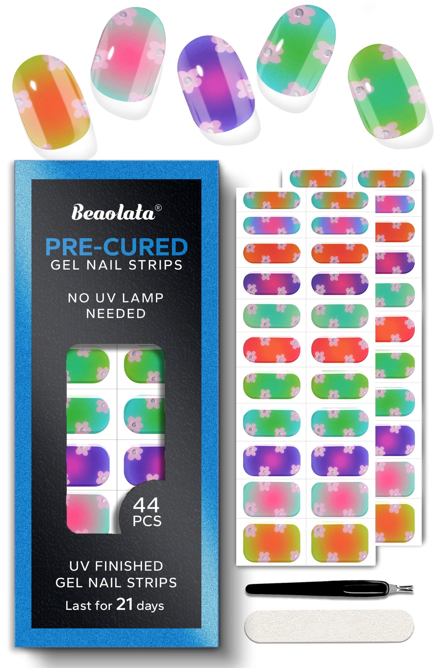 Beaolata Real Gel Nail Strips (No UV Light Needed) - 44Pcs Salon Quality Nail Stickers - Long Lasting Polish Wraps for Women, Easy Apply & Remove (Blue Dopamine Garden)