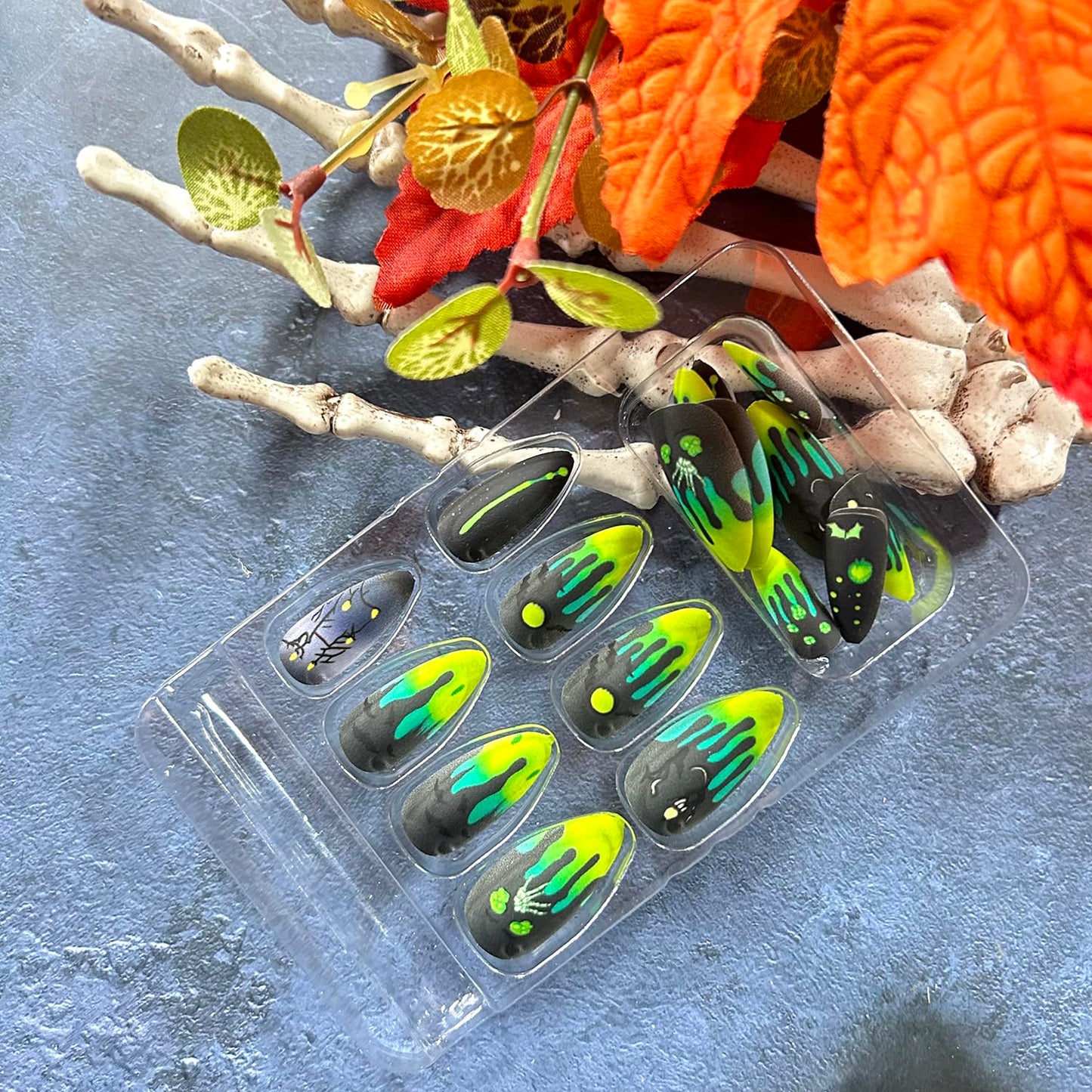 CJDLTS 24Pcs Halloween Fluorescence Press on Nails Long Bat Candle Skull Pattern Halloween Nail Full Cover Artificial Acrylic Fingernails French Tip Almond Stick on Nails for Women Festival Decoration