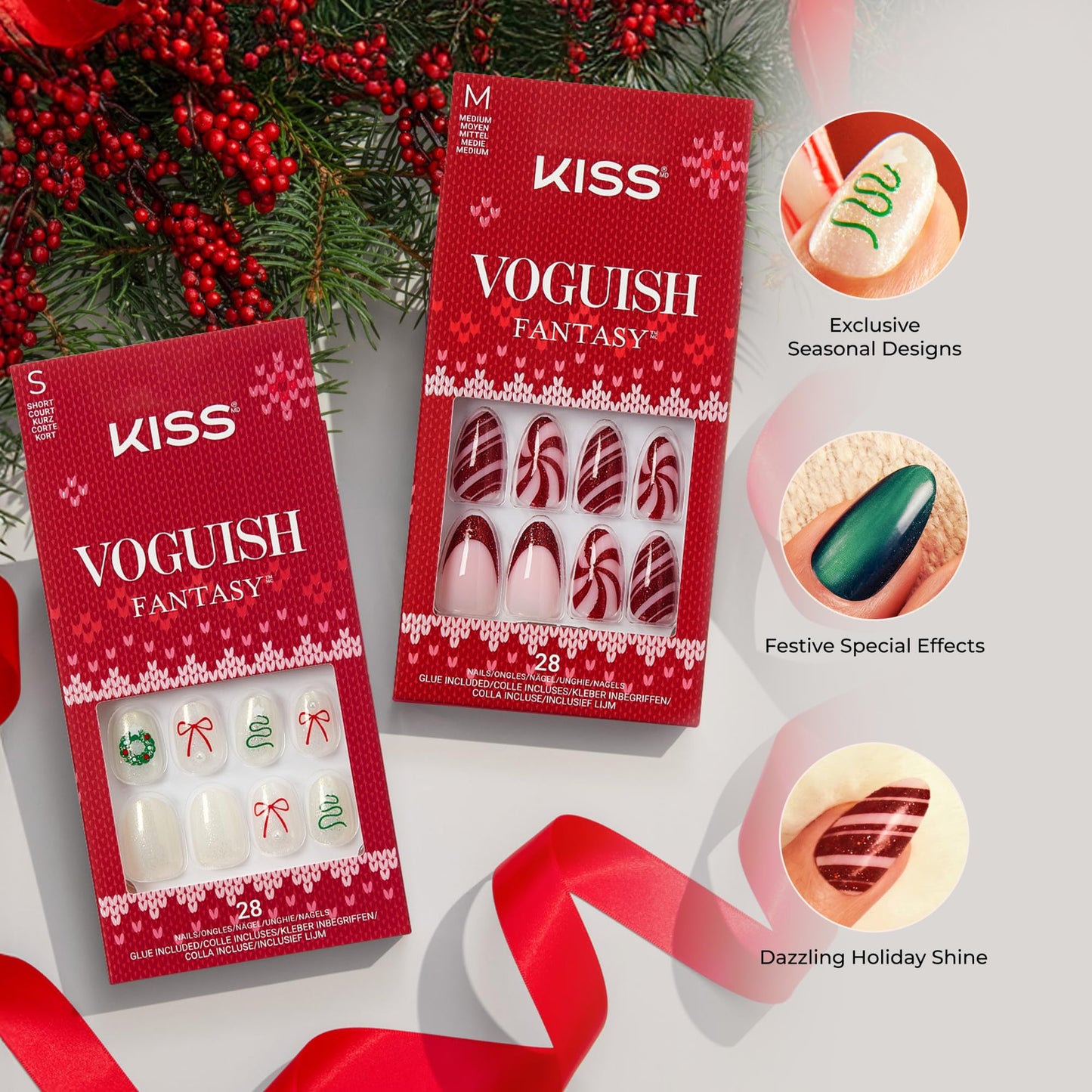 KISS Voguish Fantasy Holiday Press On Nails, ‘Frosty Delights’, Pink, Short Squoval, No Damage To Natural Nails, Pink Gel Nail Glue (2g), Mini Nail File, Manicure Stick, & 28 Fake Nails