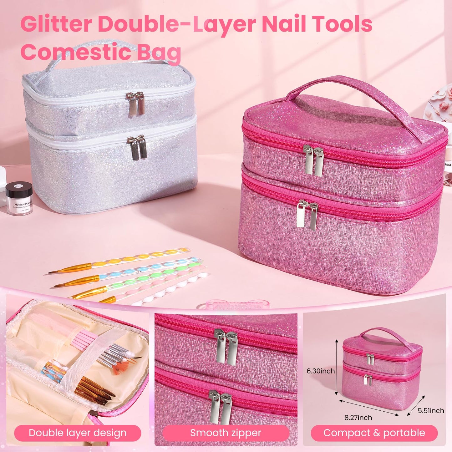 Nail Kit for Beginners with Everything: Professional Acrylic Powder Liquid Set with Drill U V Light Practice Finger in Cosmetic Bag for Women Salon Home (Double-Layer Pink)