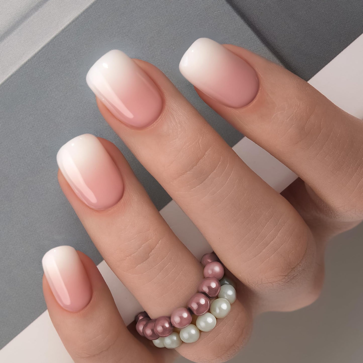 CurvLife Nude Ombre Press On Nails Extra Short – 30PCS Short Square Soft Gel Fake Nails, Natural Gradient Glue On Nails Kit for Women, Easy At-Home Salon Manicure (Nude White)
